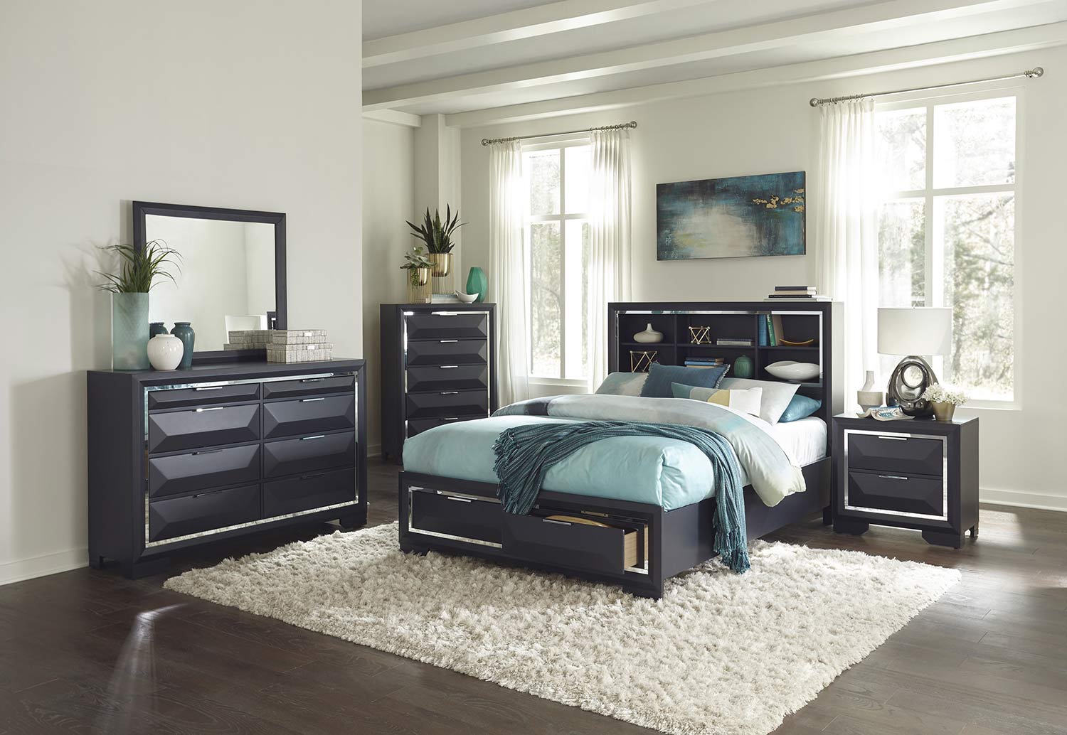 Homelegance Rosemont Bookcase Storage Platform Bedroom Set - Midnight Blue