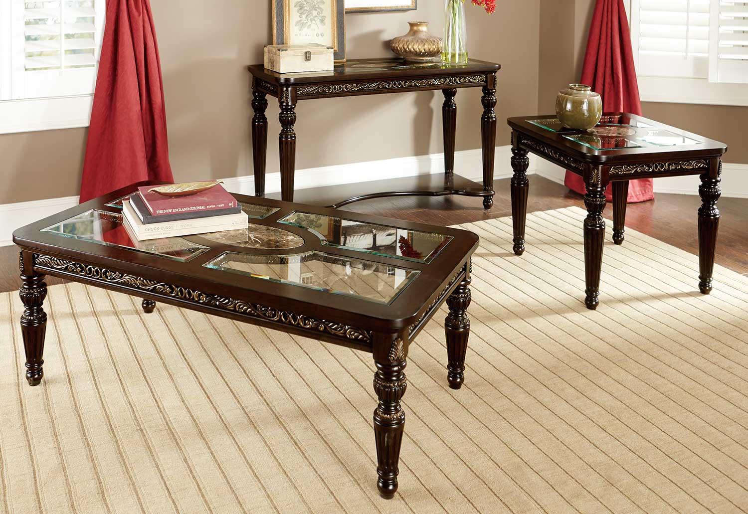 Homelegance Russian Hill Coffee Table Set - Cherry with Glass Insert and Faux Marble Inlay