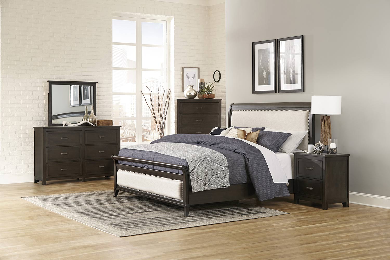 Homelegance Hebron Upholstered Sleigh Bedroom Set - Dark Cherry