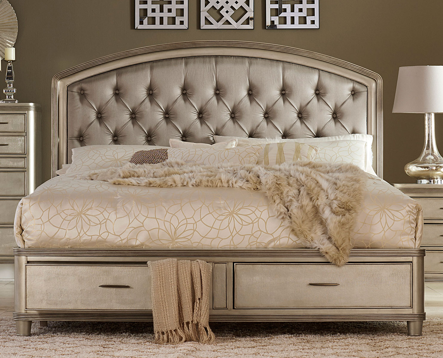 Homelegance Tandie Button Tufted Upholstered Platform Bed with Storage - Champagne