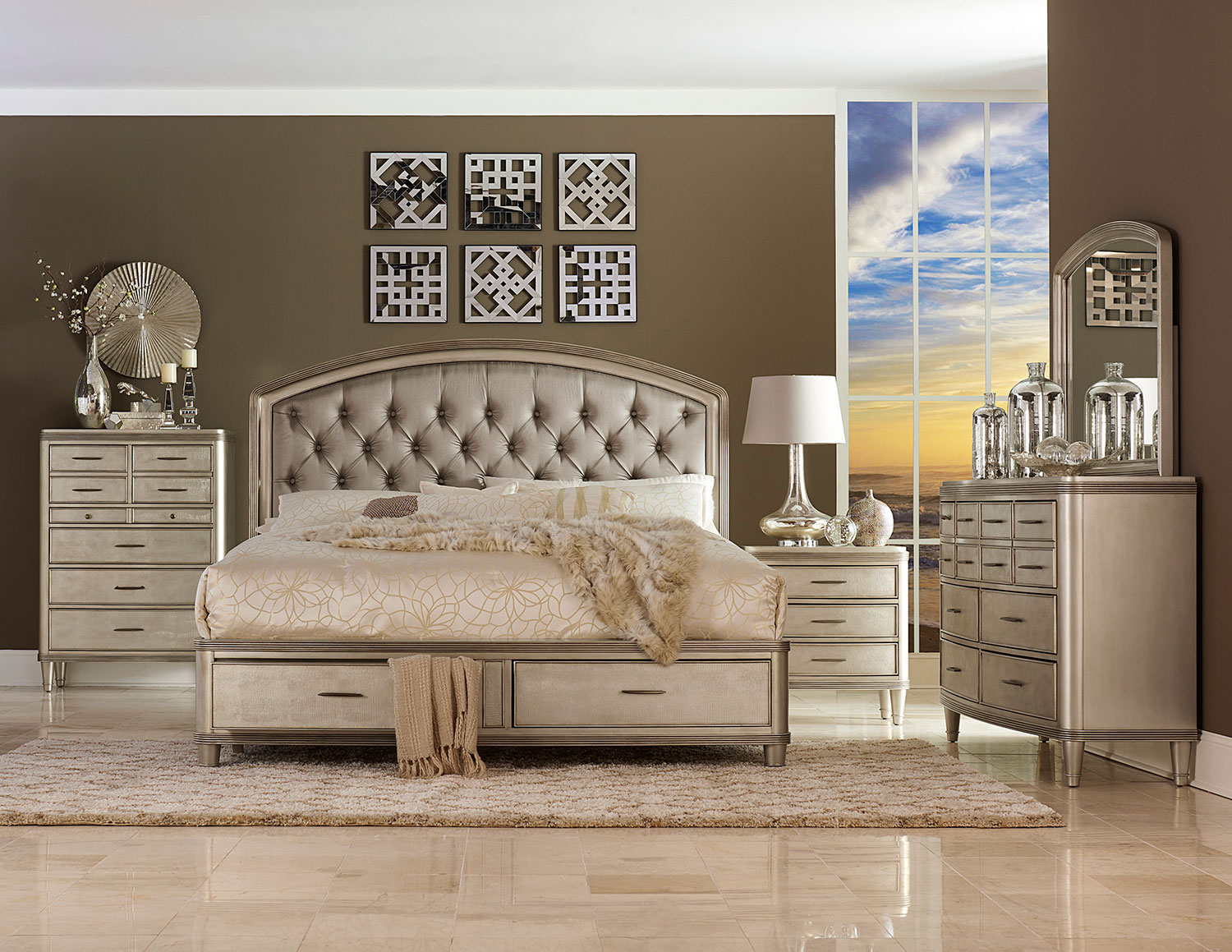 Homelegance Tandie Button Tufted Upholstered Platform Bed with Storage Bedroom Set - Champagne Homelegance Tandie Button Tufted Upholstered Platform Bed with Storage Bedroom Set - Champagne