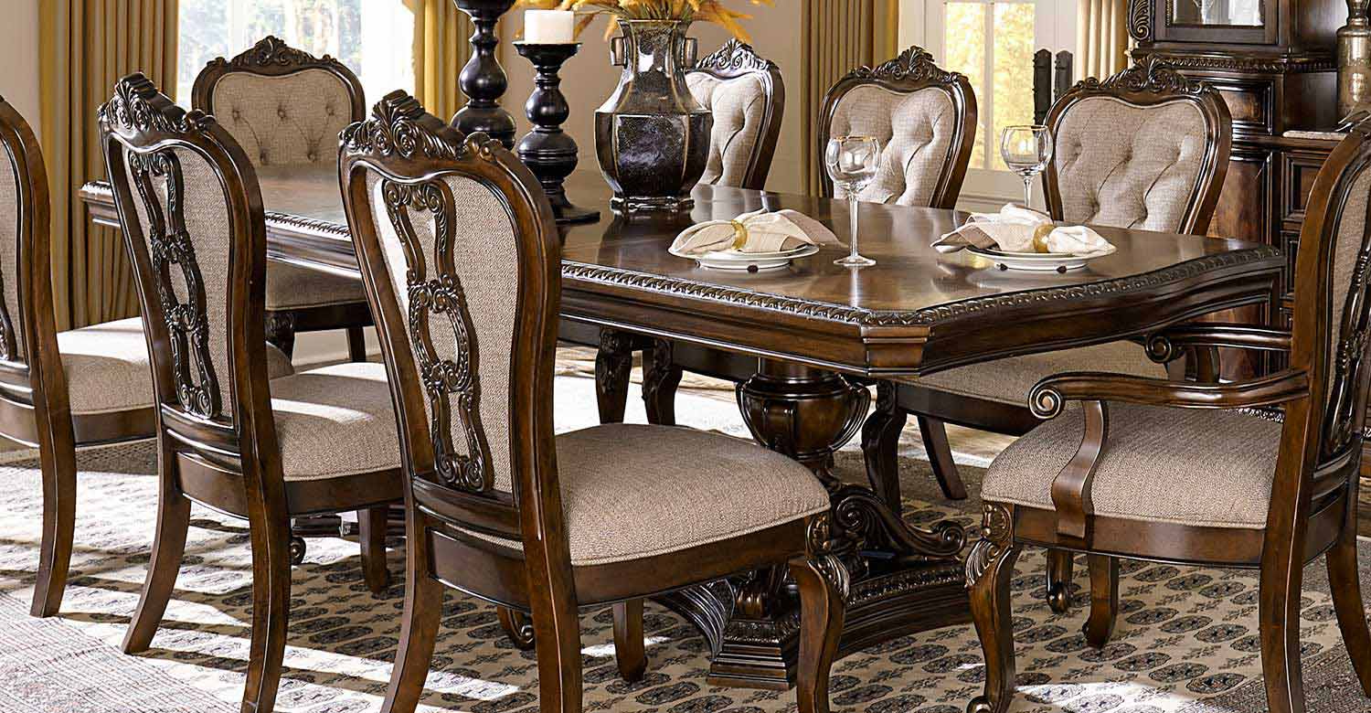 Homelegance Bonaventure Park Double Pedestal Dining Table - Gold-Highlighted Cherry