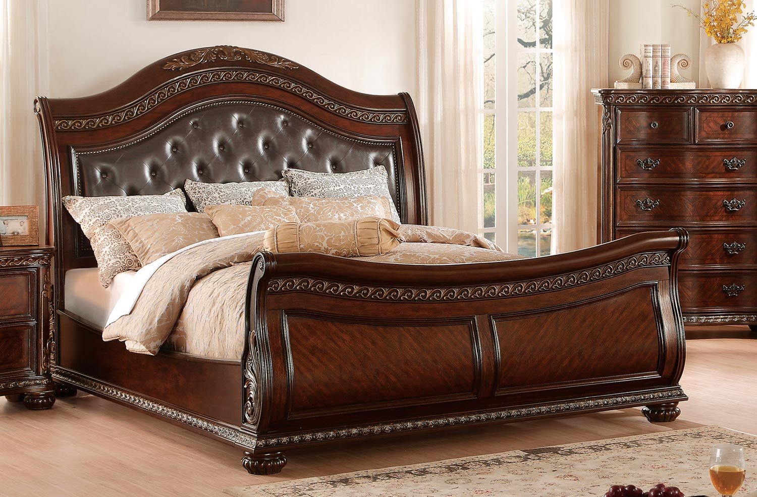 Homelegance Chaumont Upholstered Sleigh Bed - Burnished Brown Cherry