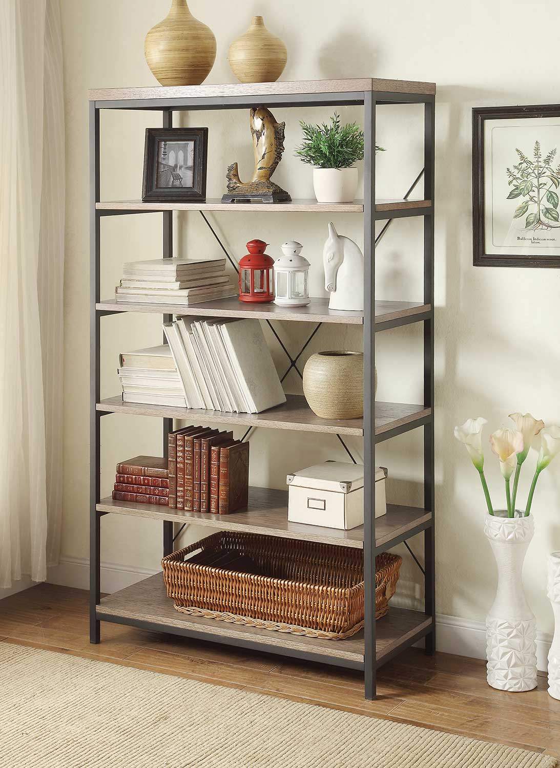 Homelegance Daria 40in Bookcase - Weathered Wood Top with Metal Framing