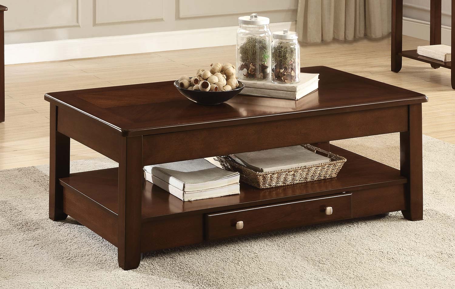 Homelegance Ballwin Cocktail Table with Lift Top and Functional Drawer on Casters - Deep Cherry