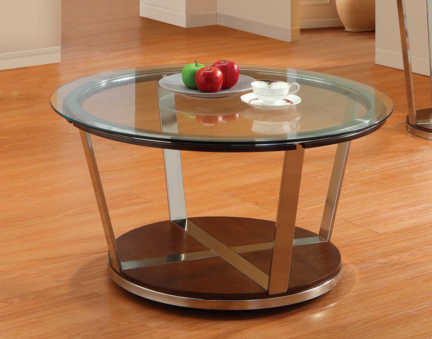 Homelegance Dunham Round Cocktail Table with Casters - Medium Brown Wood and Bronzed over Metal