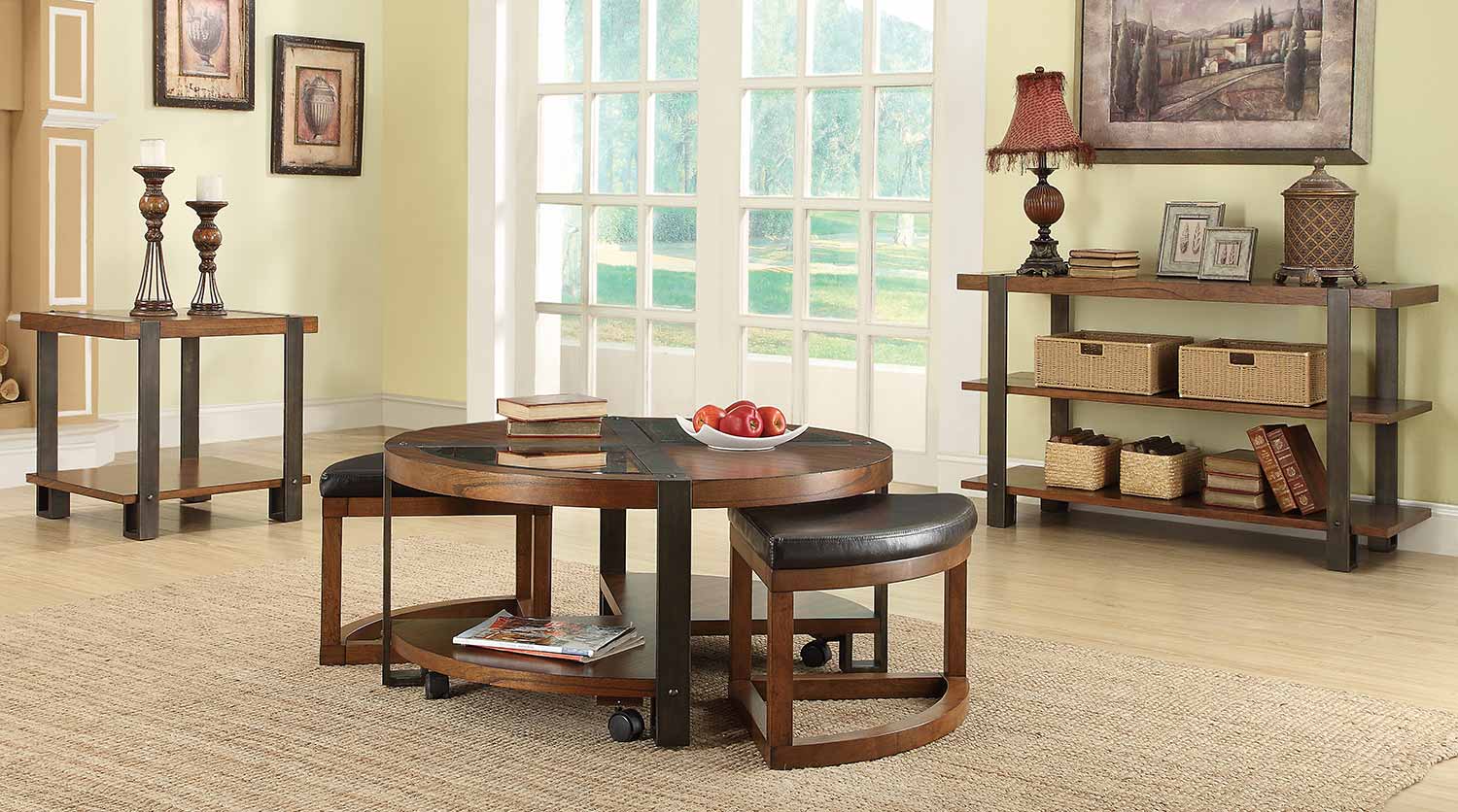 Homelegance Northwood Round Coffee Table Set - Natural Brown with Metal Banding
