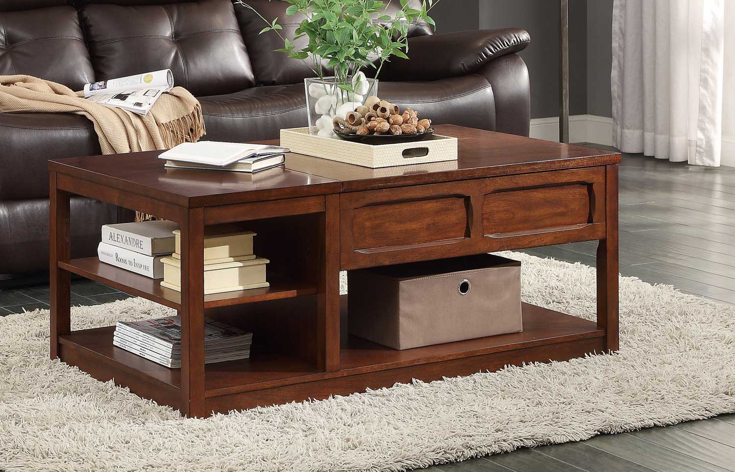 Homelegance Booker Cocktail Table with Lift Top on Casters - Warm Brown