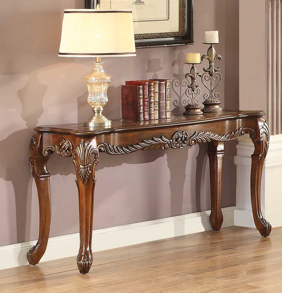 Homelegance Logan Sofa Table with Marble Inset - Warm Cherry