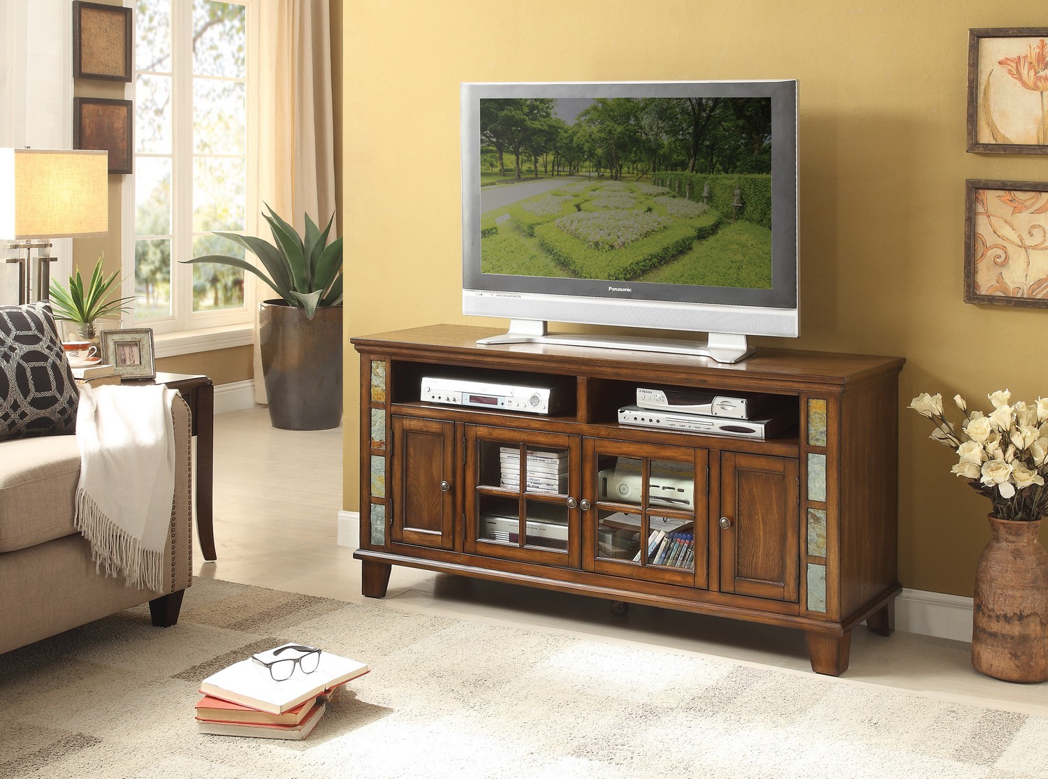 Homelegance Chehalis 60-inch TV Stand with Slate Decor - Brown Cherry
