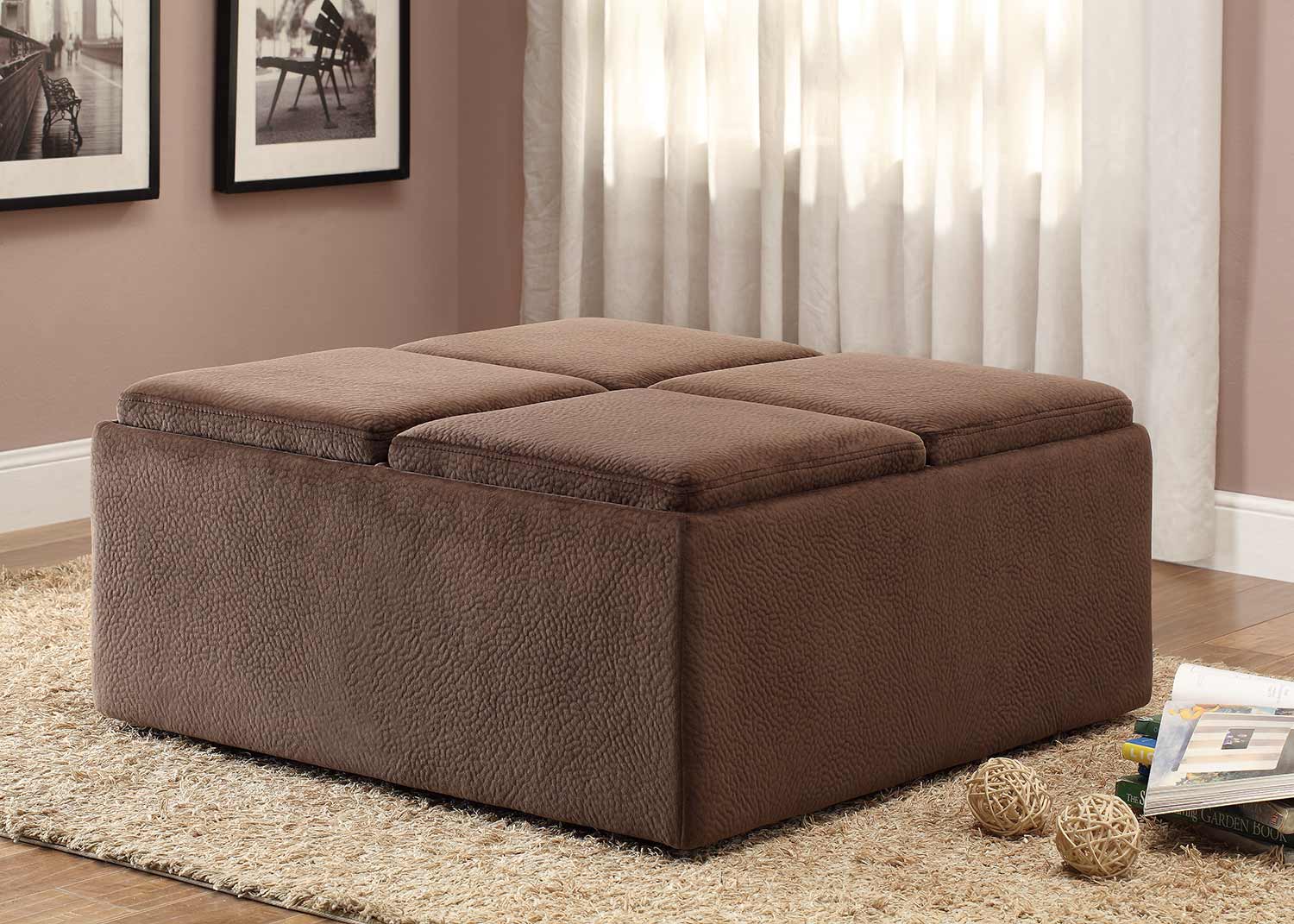 Homelegance Kaitlyn Cocktail/Coffee Ottoman with Casters for Easy Mobility - Chocolate Textured Plush Microfiber