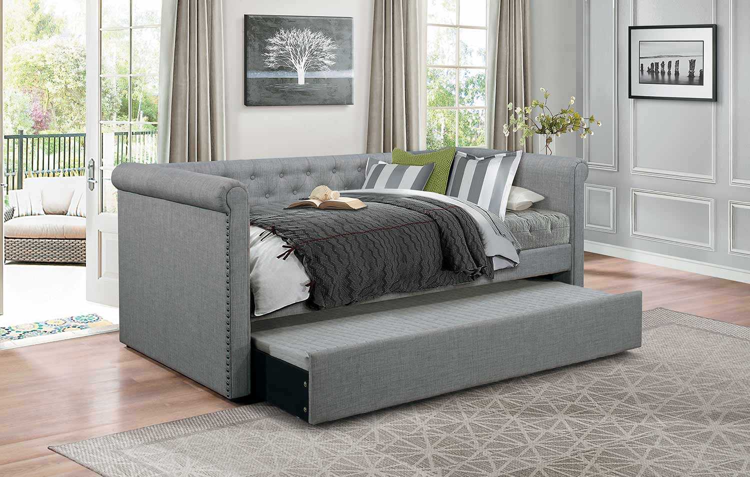 Homelegance Edmund Button Tufted Upholstered Daybed with Trundle - Gray