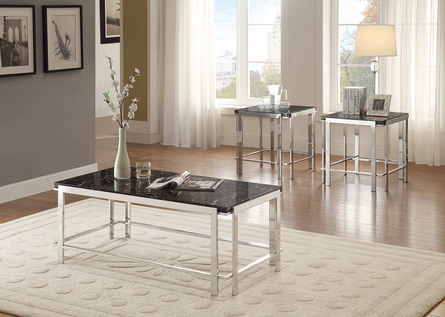 Homelegance Watt 3-Piece Occasional Table Set with Shelf - Chrome Metal Base with Faux Marble Top