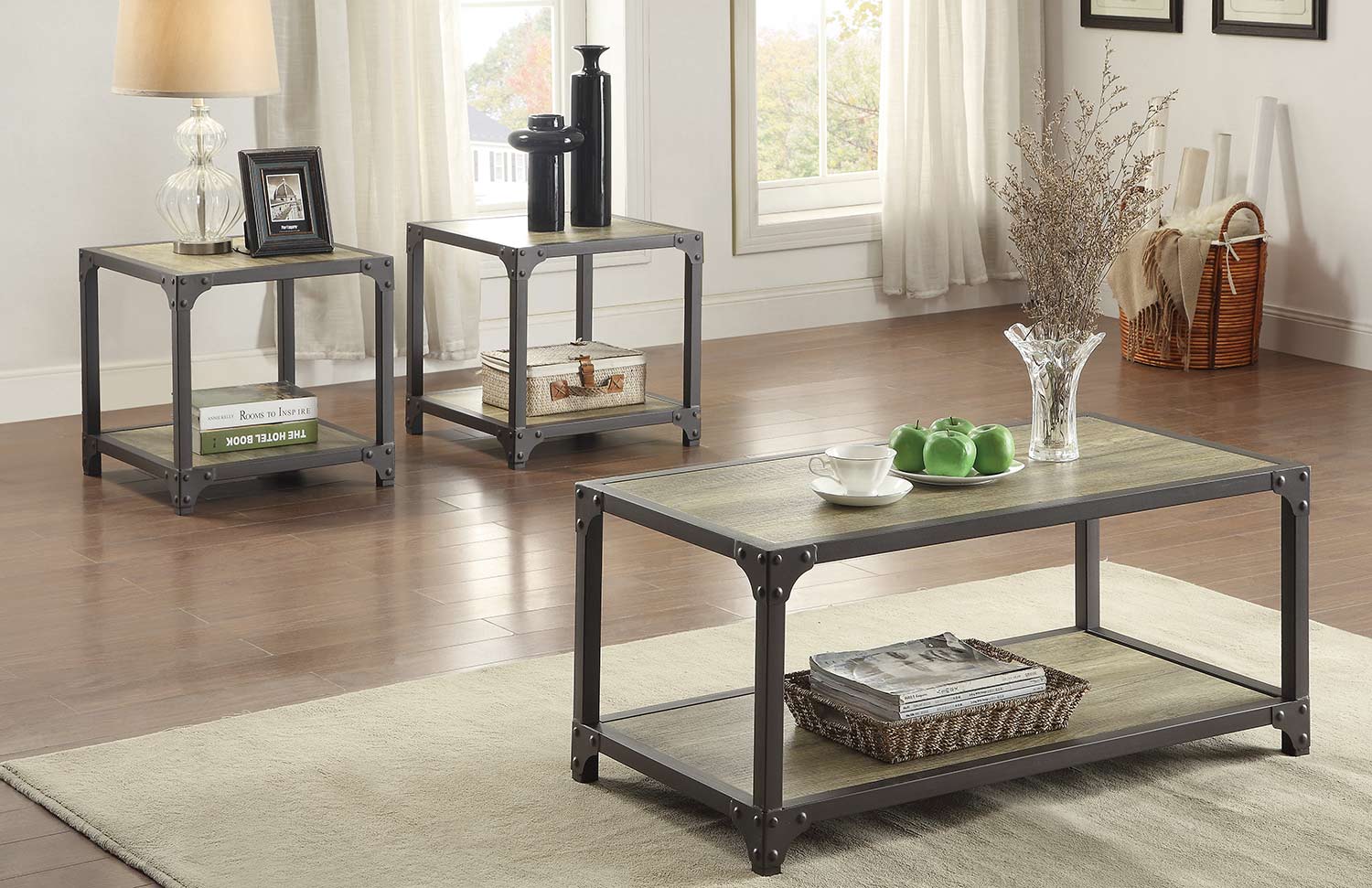 Homelegance Rumi Coffee Table Set - Light Burnished Wood with Metal Frame
