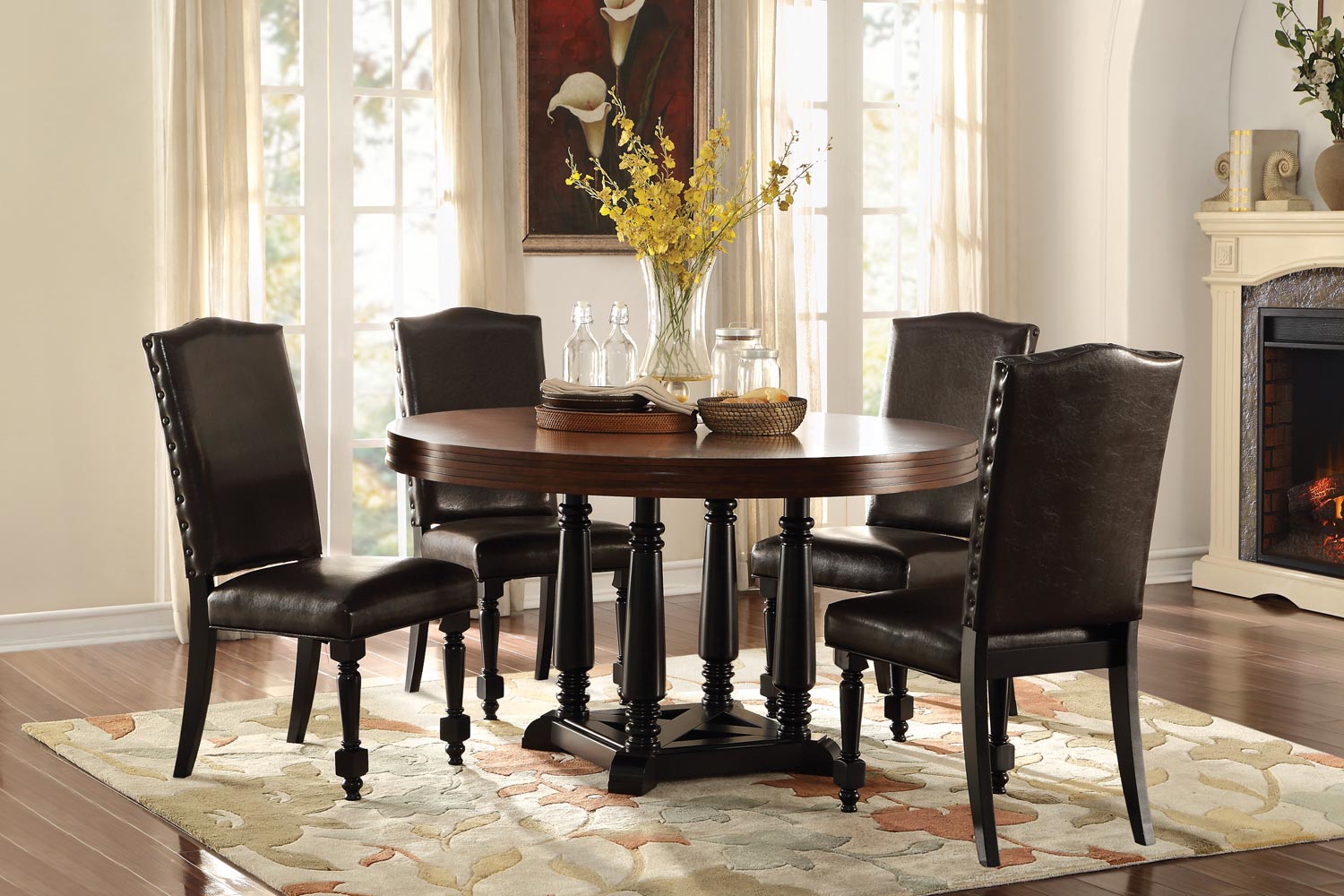 Homelegance Blossomwood Round Dining Set with Bi-Cast Chairs - Cherry/Black Homelegance Blossomwood Round Dining Set with Bi-Cast Chairs - Cherry/Black