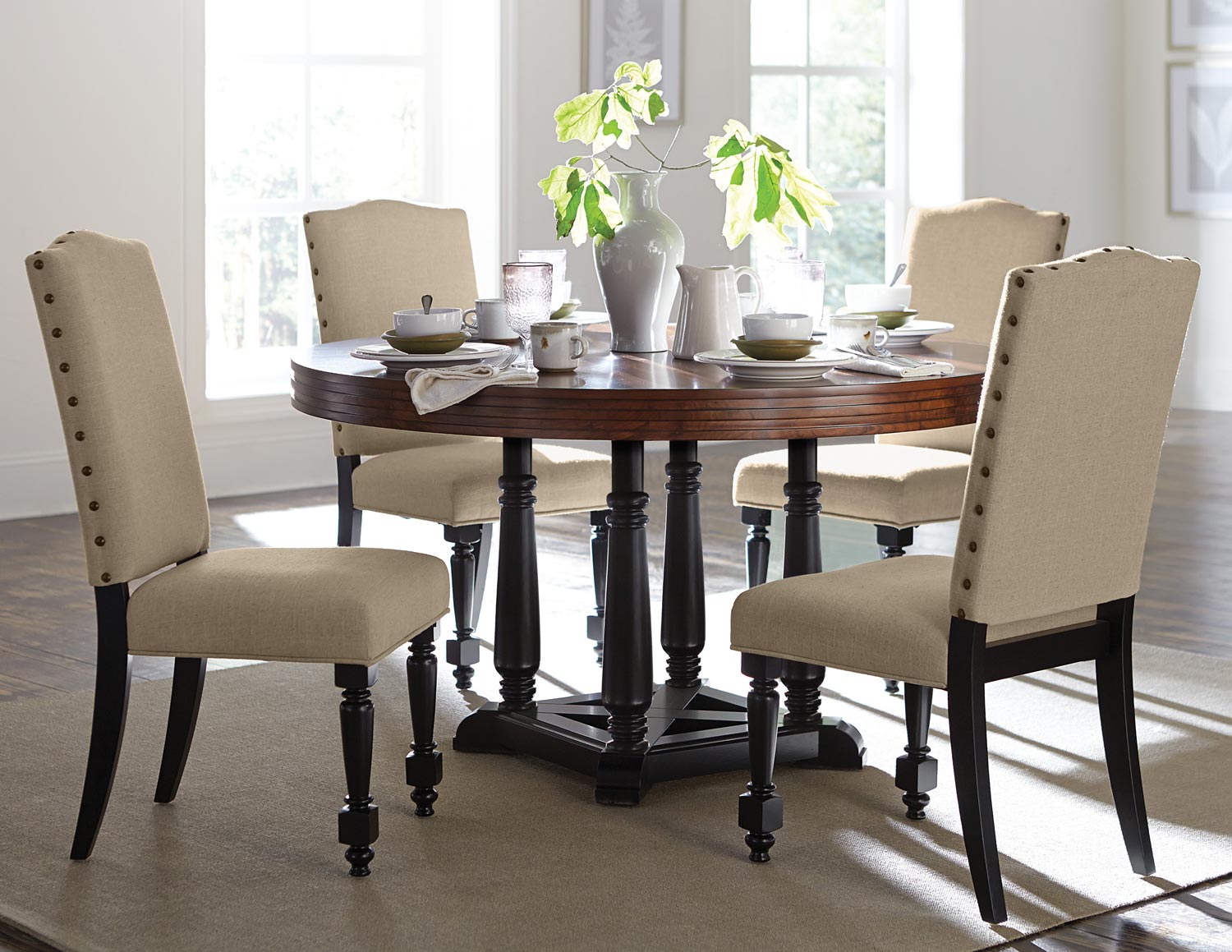 Homelegance Blossomwood Round Dining Set with Fabric Chairs - Cherry/Black