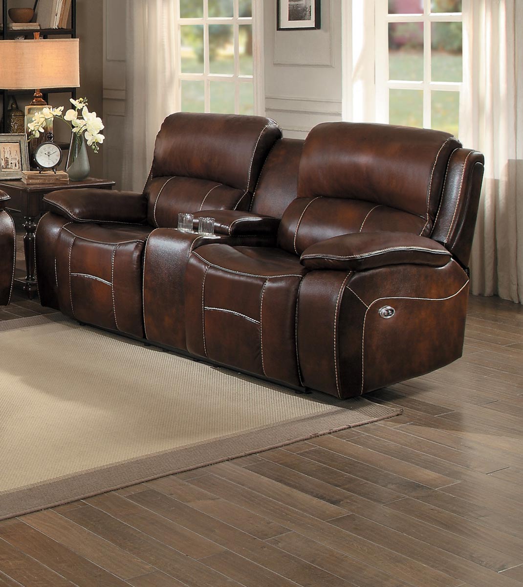 Homelegance Mahala Power Double Reclining Love Seat with Center Console - Brown Top Grain Leather Match