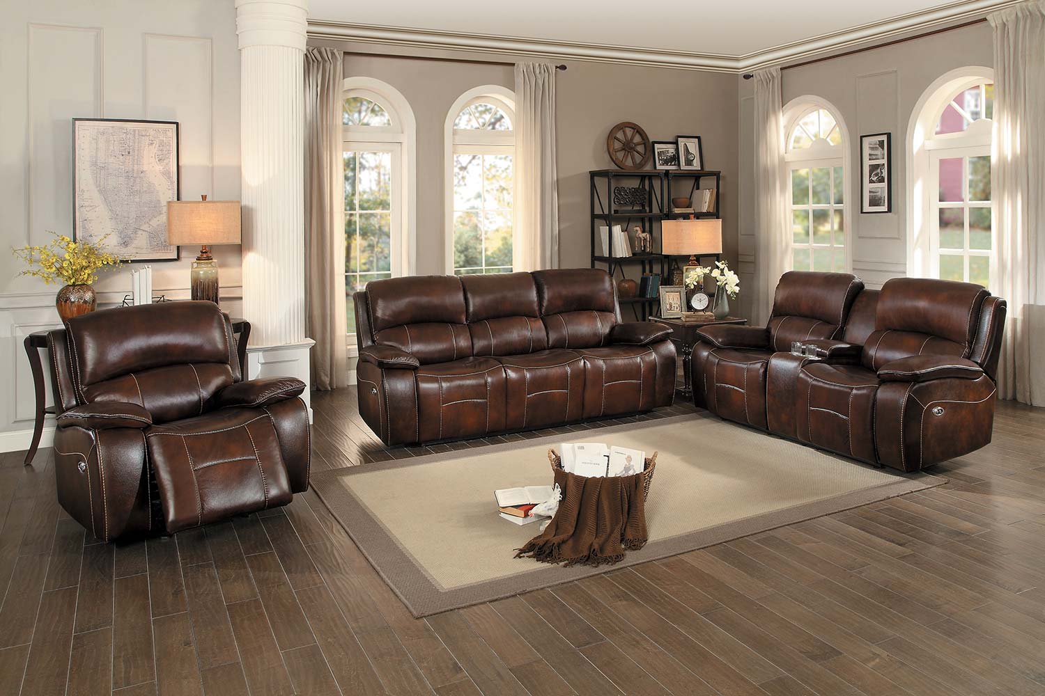Homelegance Mahala Power Reclining Sofa Set - Brown Top Grain Leather Match