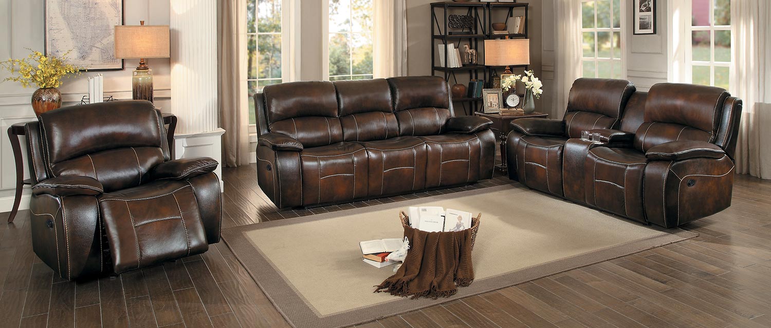 Homelegance Mahala Reclining Sofa Set - Brown Top Grain Leather Match