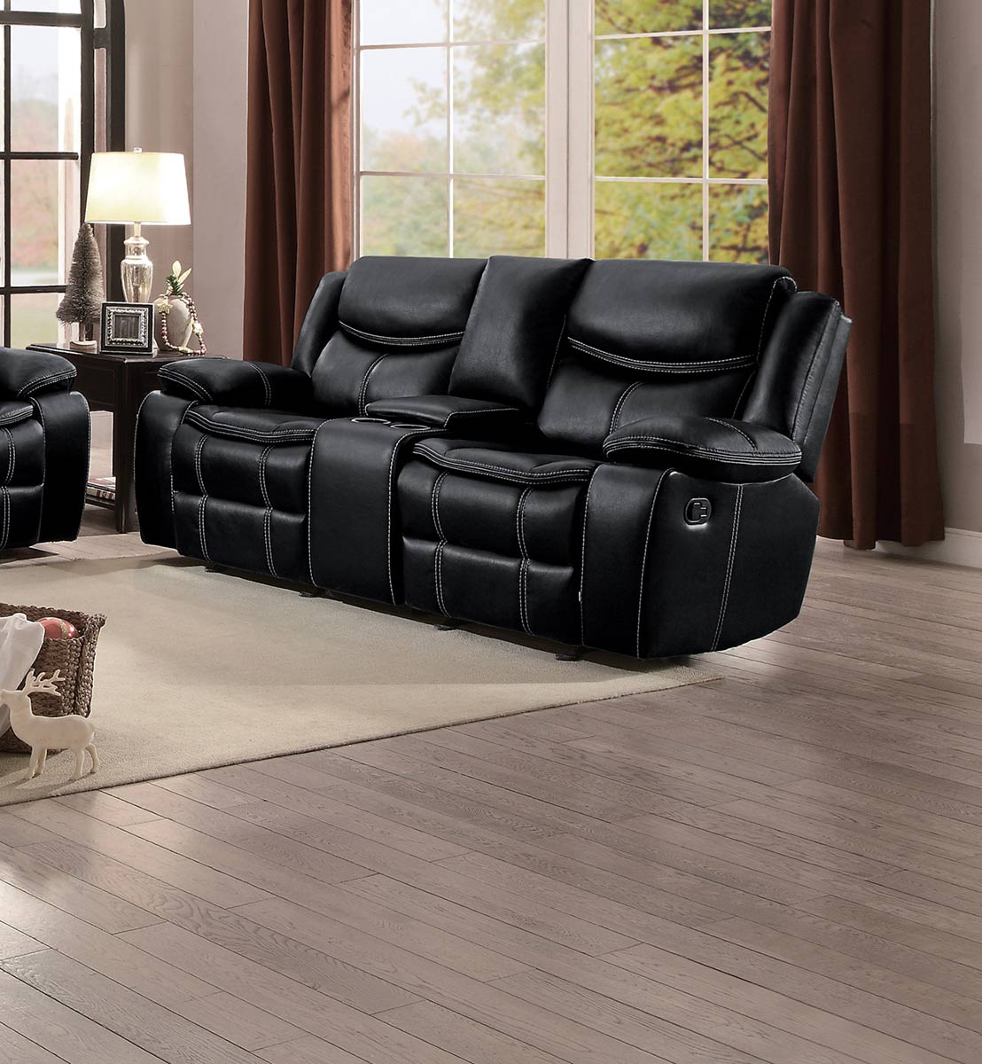 Homelegance Bastrop Double Glider Reclining Love Seat with Console - Black Leather Gel Match