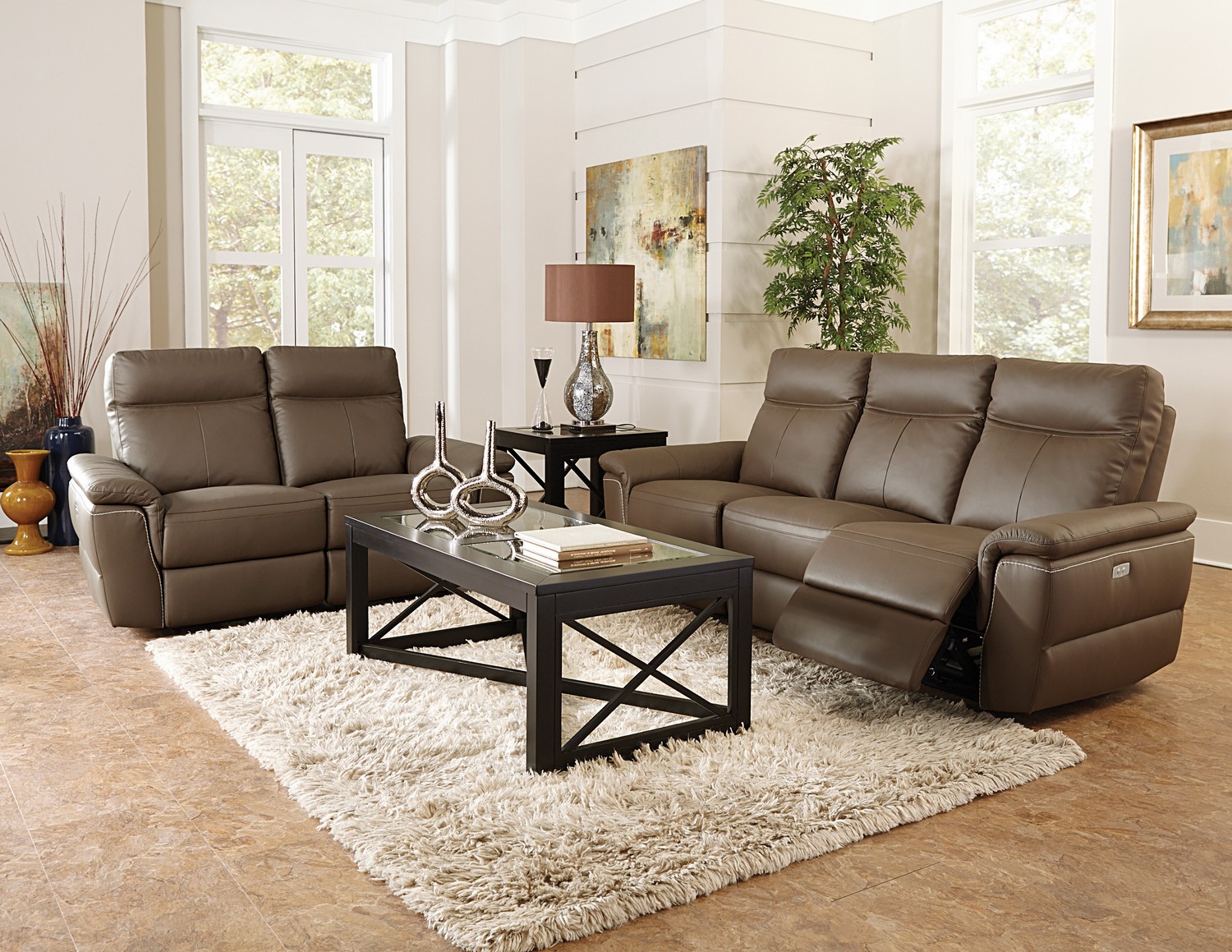 Homelegance Olympia Power Reclining Sofa Set - Top Grain Leather Match - Raisin