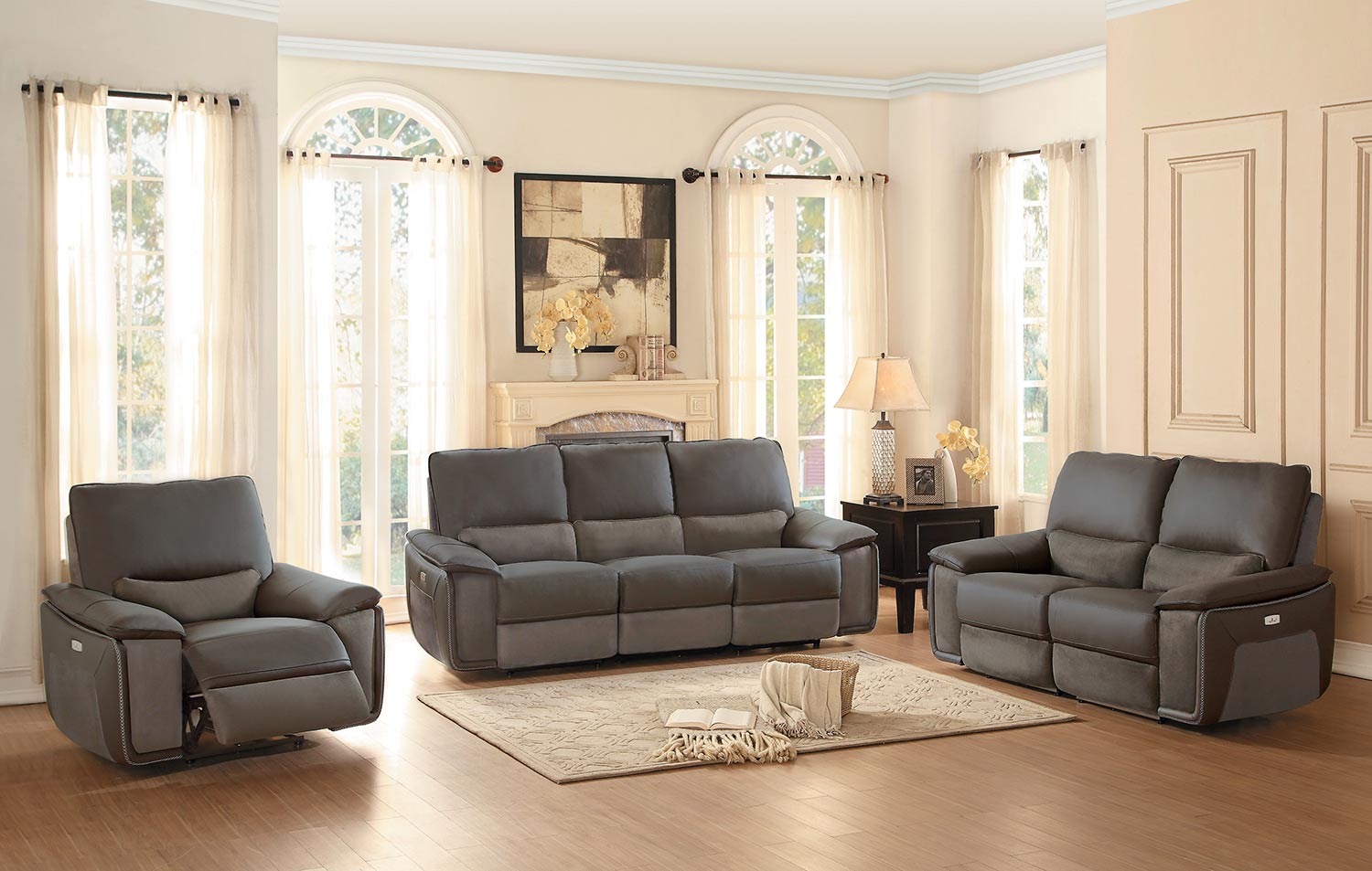 Homelegance Corazon Power Reclining Sofa Set - Navy Gray Top Grain Leather/Fabric