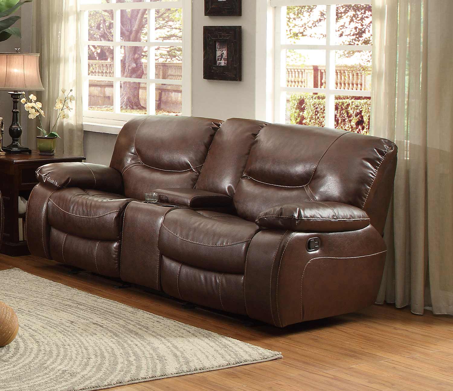Homelegance Leetown Double Glider Reclining Love Seat with Center Console - Dark Brown