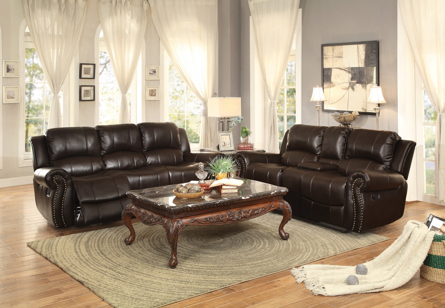 Homelegance Annapolis Reclining Sofa Set - Leather Gel Match - Dark Brown