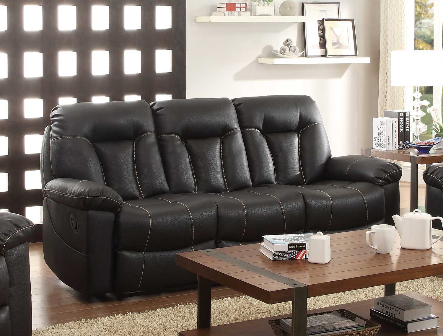 Homelegance Cade Double Reclining Sofa - Black Bonded Leather Match