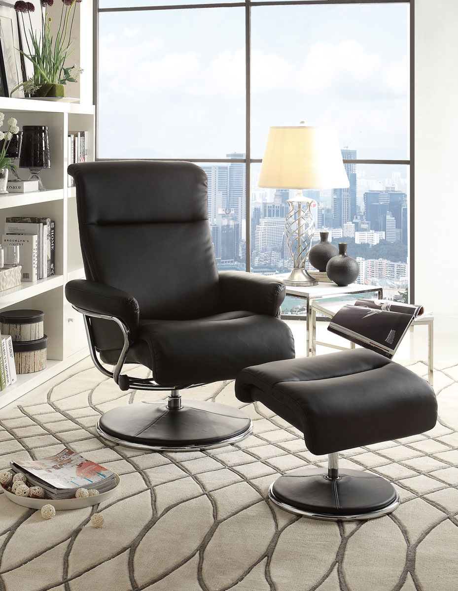 Homelegance Caius Black Swivel Reclining Chair with Ottoman - Black Bonded Leather Match