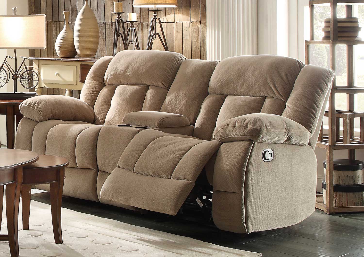 Homelegance Laurelton Double Glider Reclining Love Seat with Center Console - Taupe Fabric