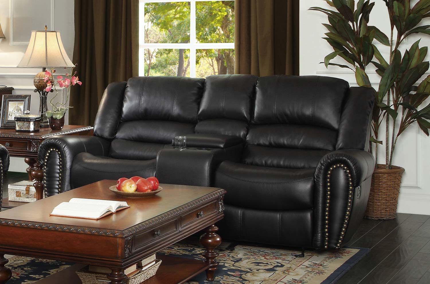 Homelegance Center Hill Double Glider Reclining Love Seat with Center Console - Black Bonded Leather Match