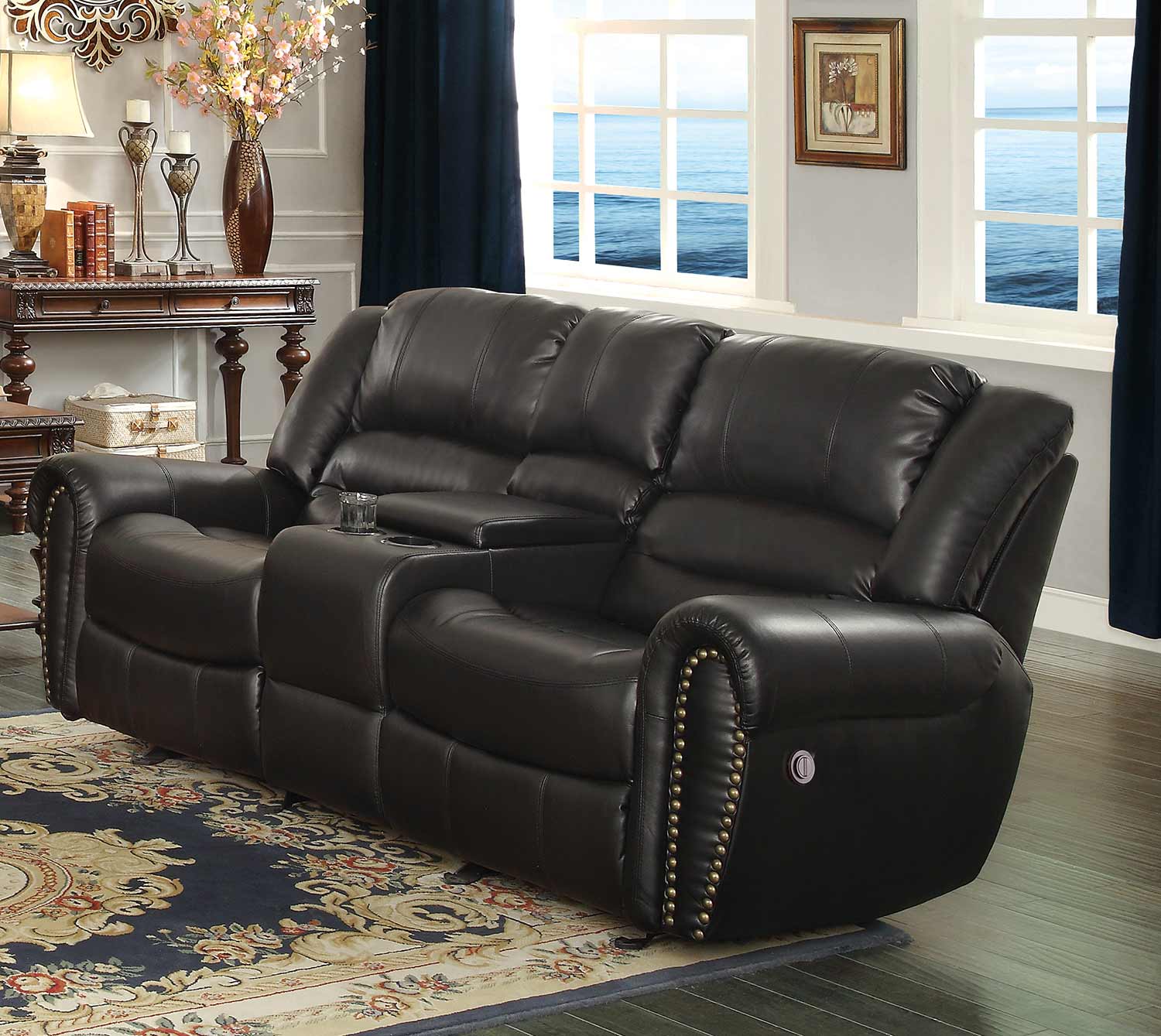 Homelegance Center Hill Power Double Reclining Love Seat with Center Console - Black