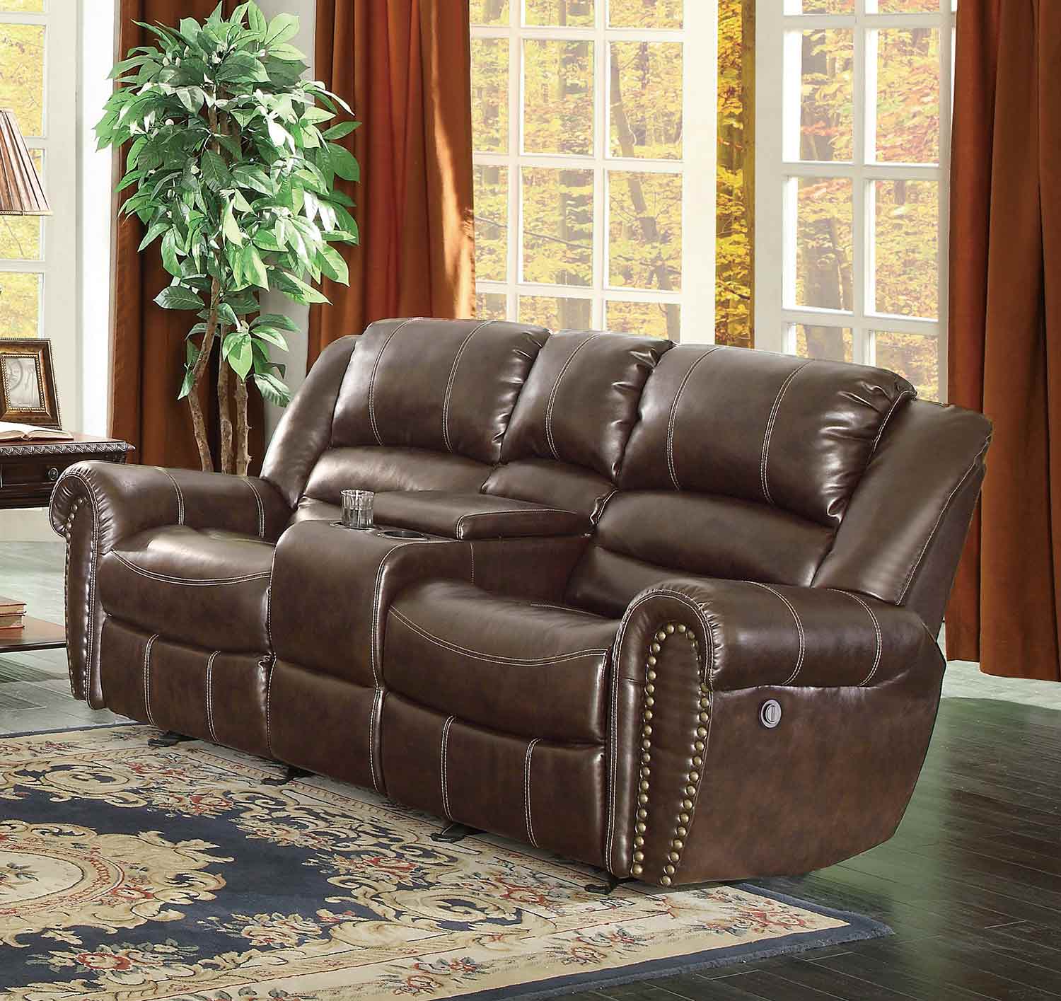 Homelegance Center Hill Power Doubler Reclining Love Seat with Center Console - Dark Brown