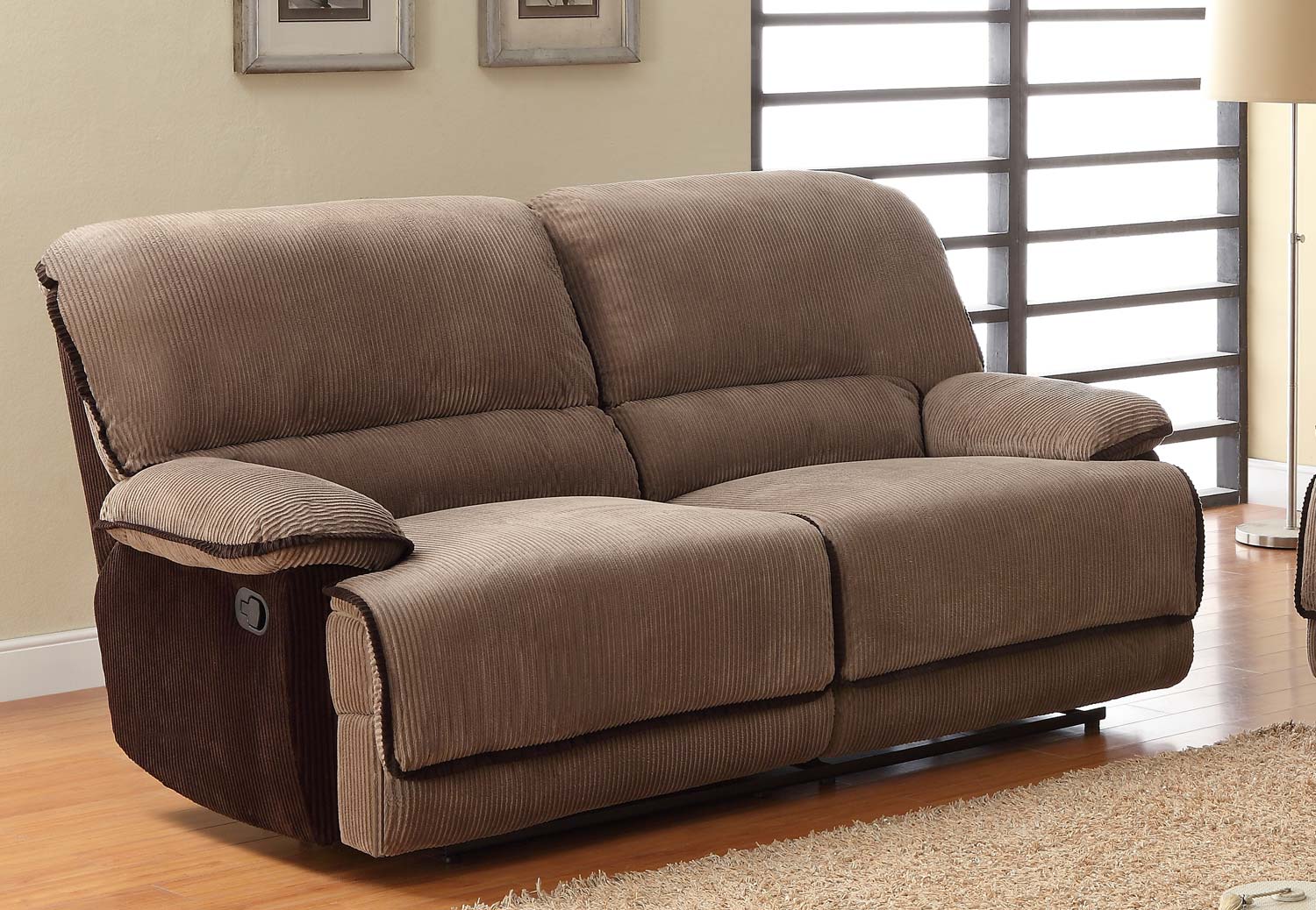 brown leather and corduroy reclining sofa