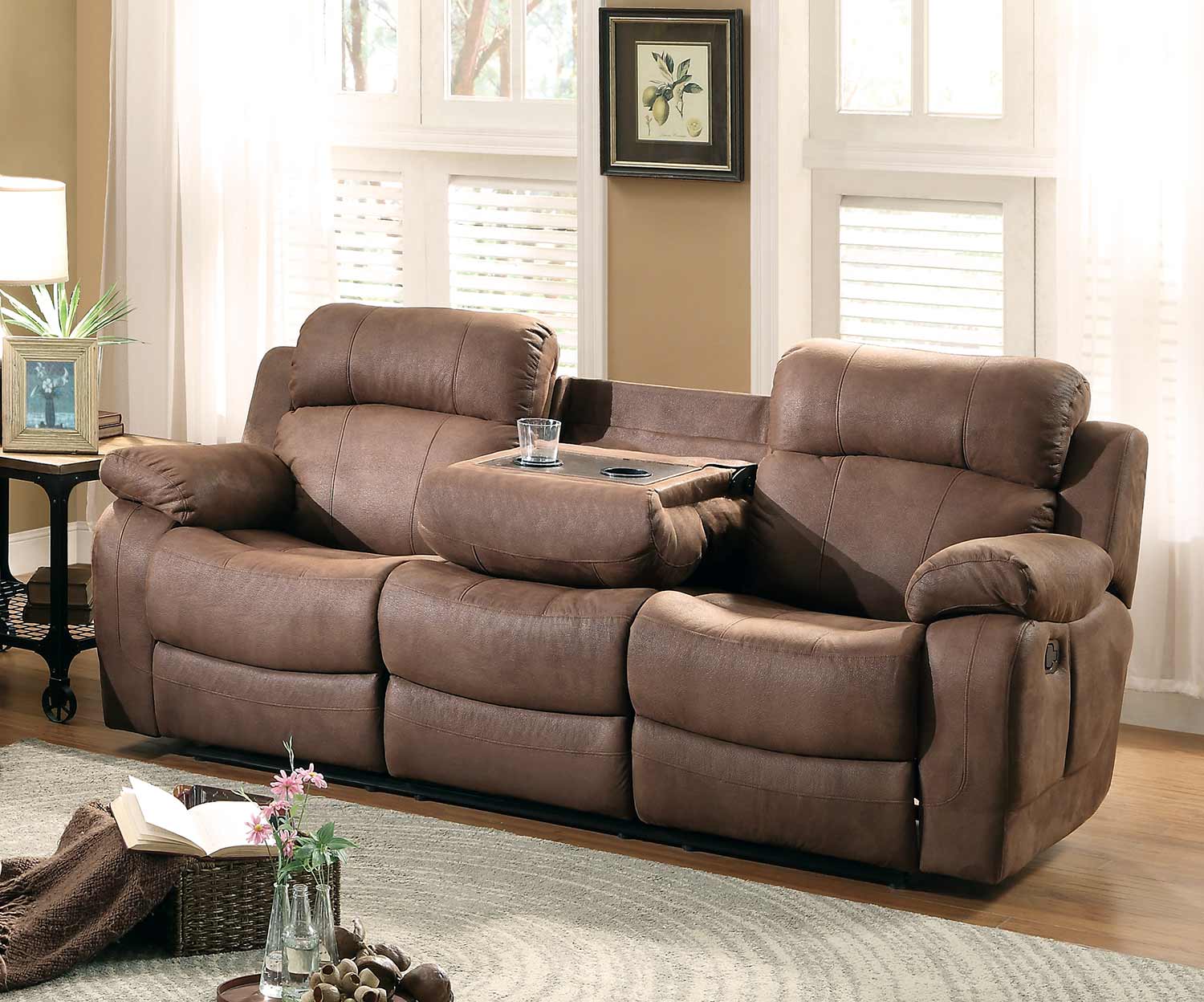Homelegance Marille Double Reclining Sofa with Center Drop-Down Cup Holders - Dark Brown