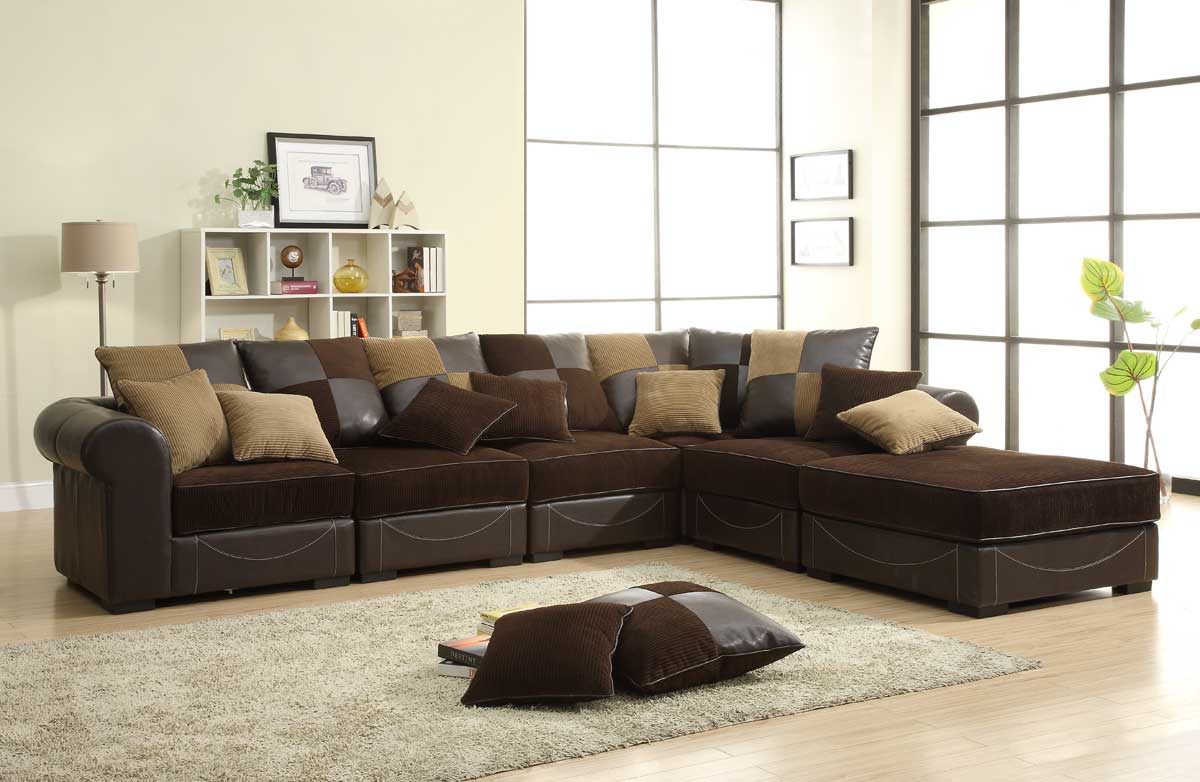 Homelegance Lamont Modular Sectional Sofa Set B - Chocolate Corduroy and Dark Brown Bi-Cast