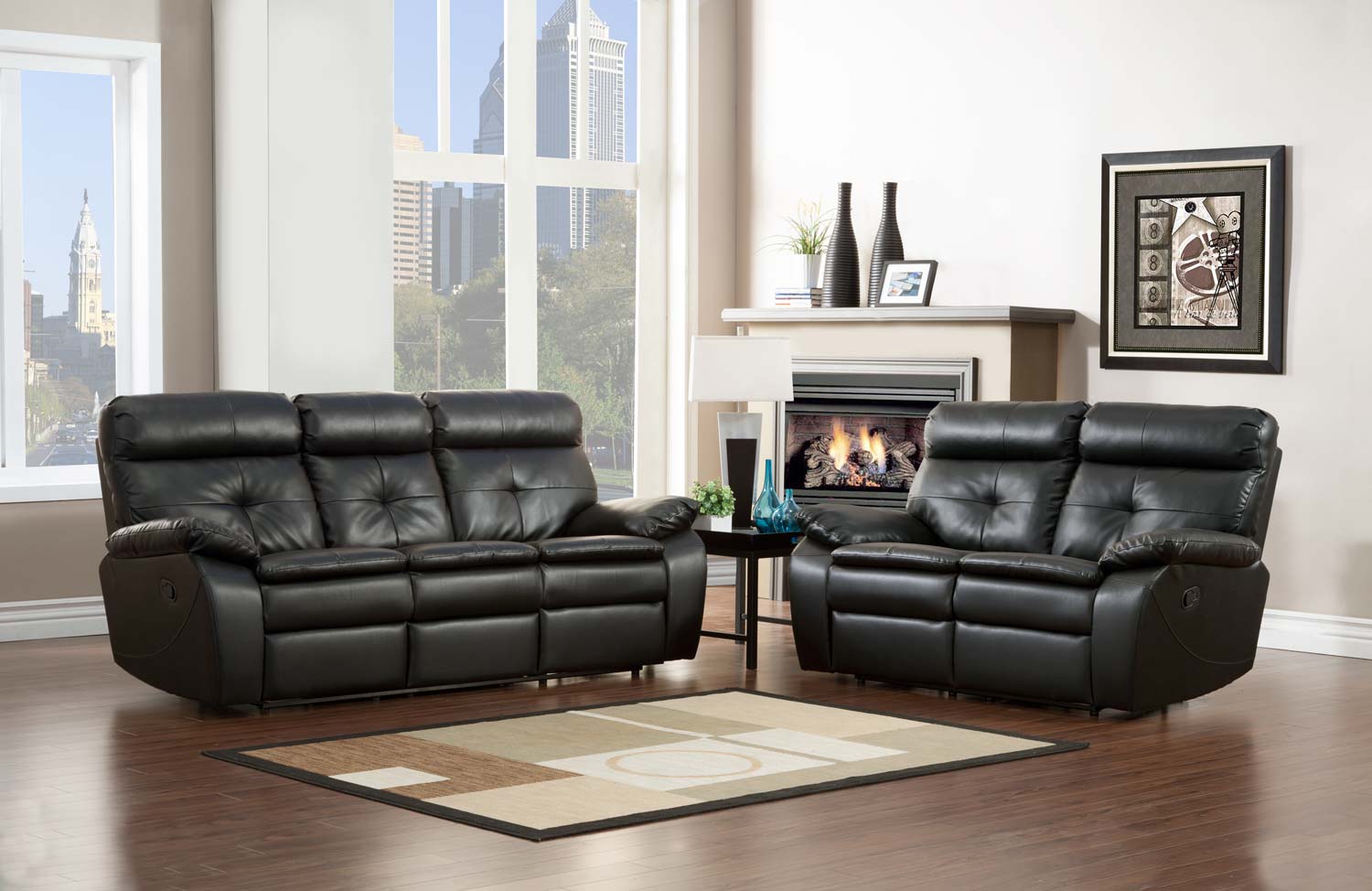 Homelegance Wallace Reclining Sofa Set - Black - Bonded Leather Match