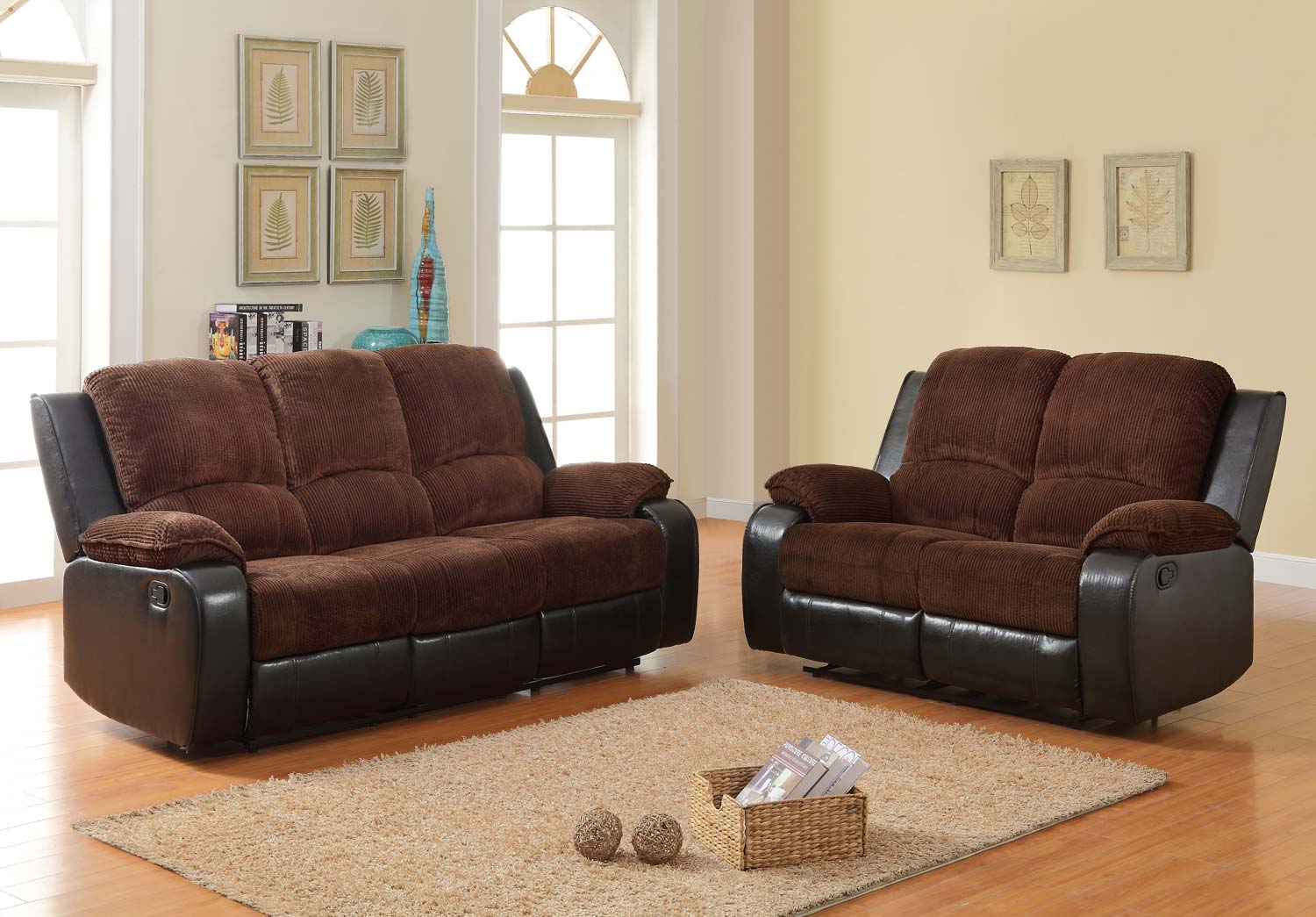 Homelegance Bunker Reclining Sofa Set - Chocolate - Corduroy and Bi-Cast Vinyl