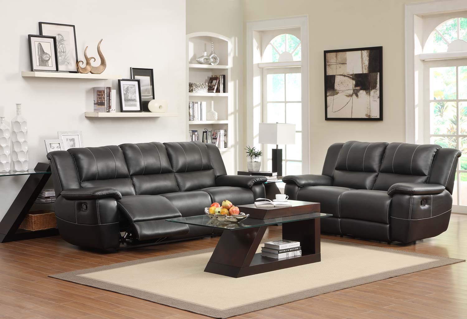Homelegance Cantrell Reclining Sofa Set - Black - Bonded Leather Match