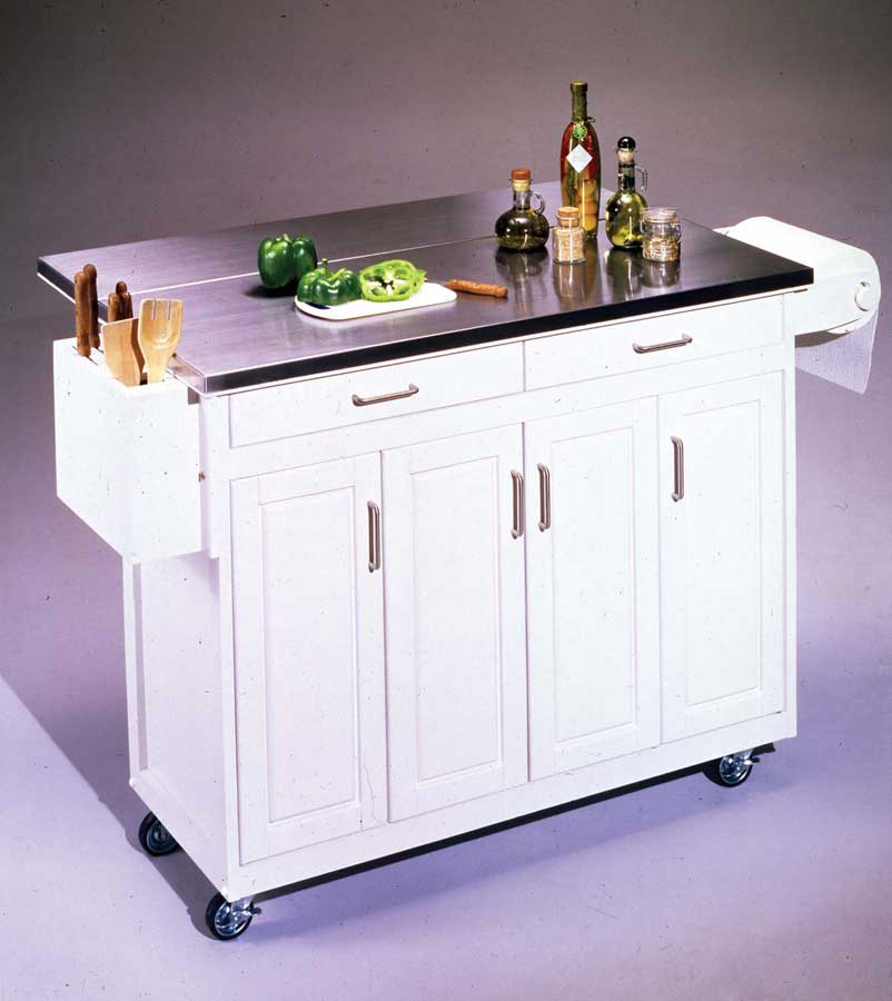 Home Styles Stainless Steel Top Kitchen Cart with Stainless Steel Breakfast Bar - White