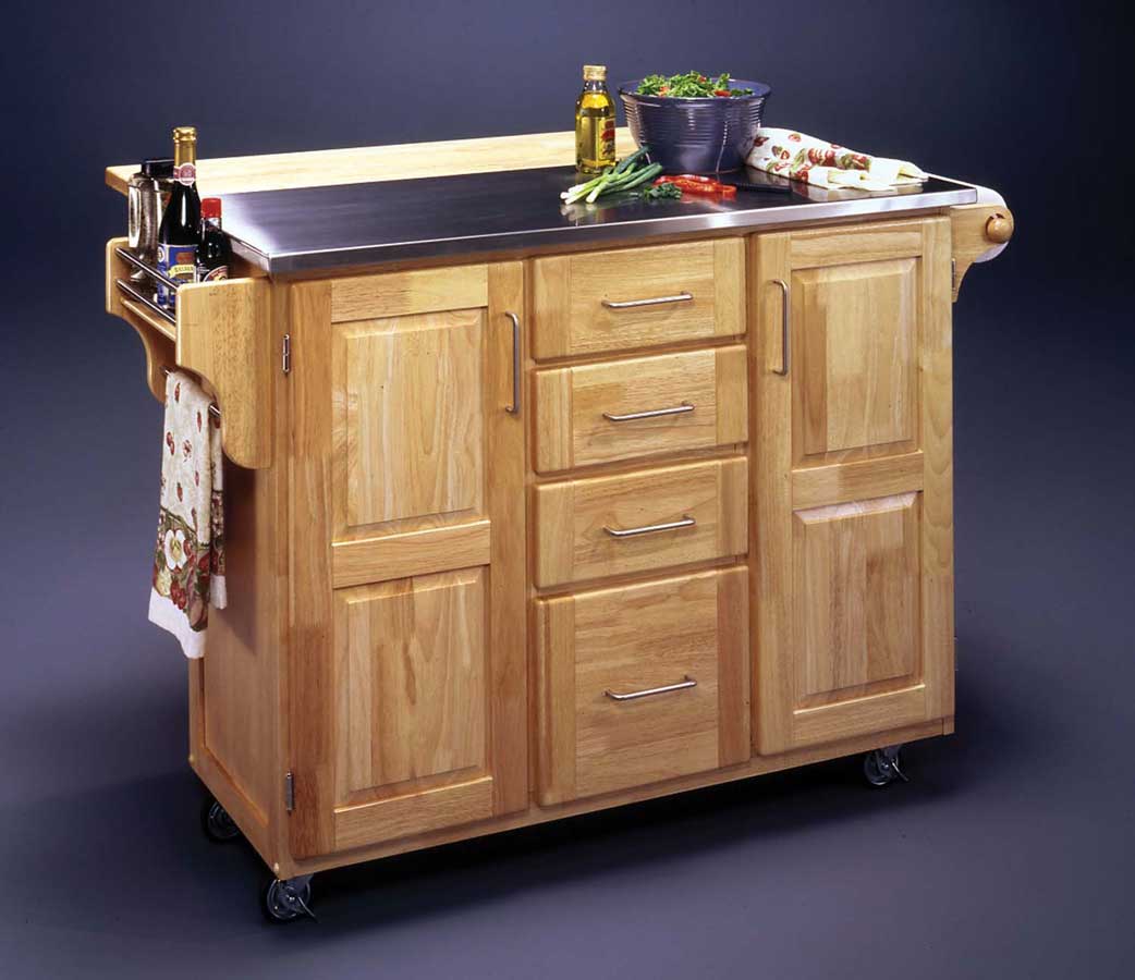 Home Styles Stainless Steel Top Kitchen Cart with Wood Breakfast Bar - Natural