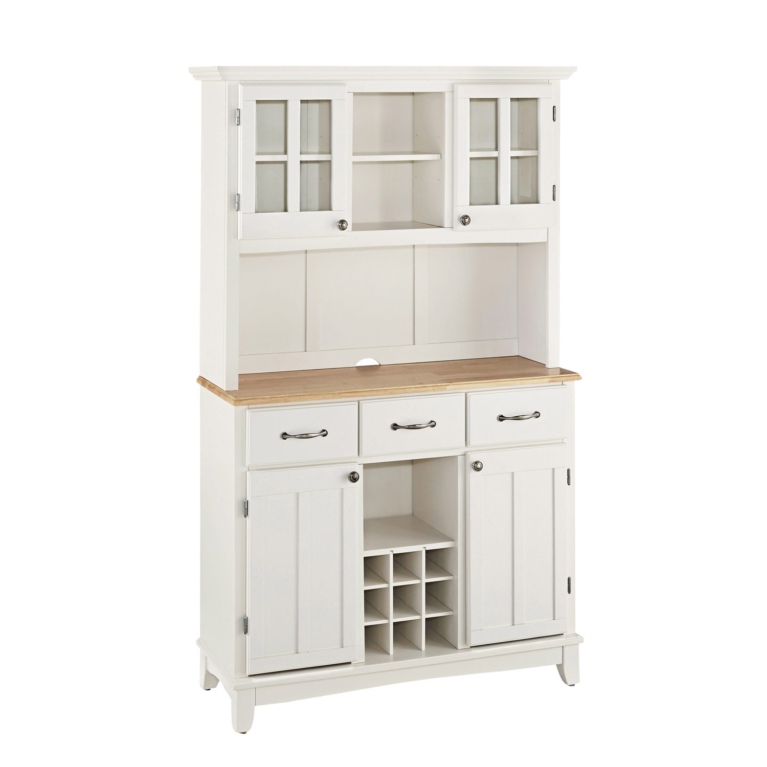 Home Styles White-Natural Wood Top Buffet with Glass Door Hutch-Large