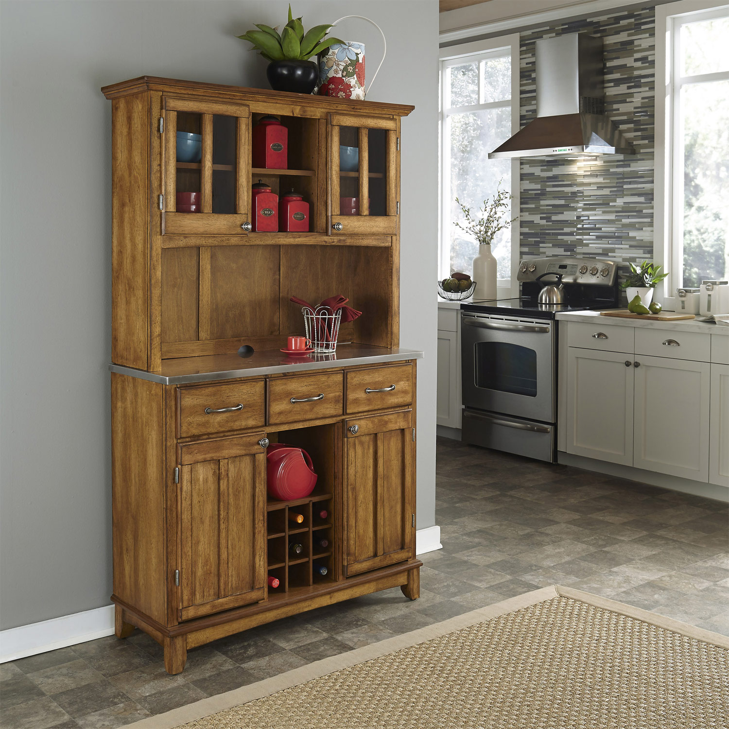 Home Styles Cottage Oak-Stainless Steel Top Buffet with Glass Door Hutch-Large