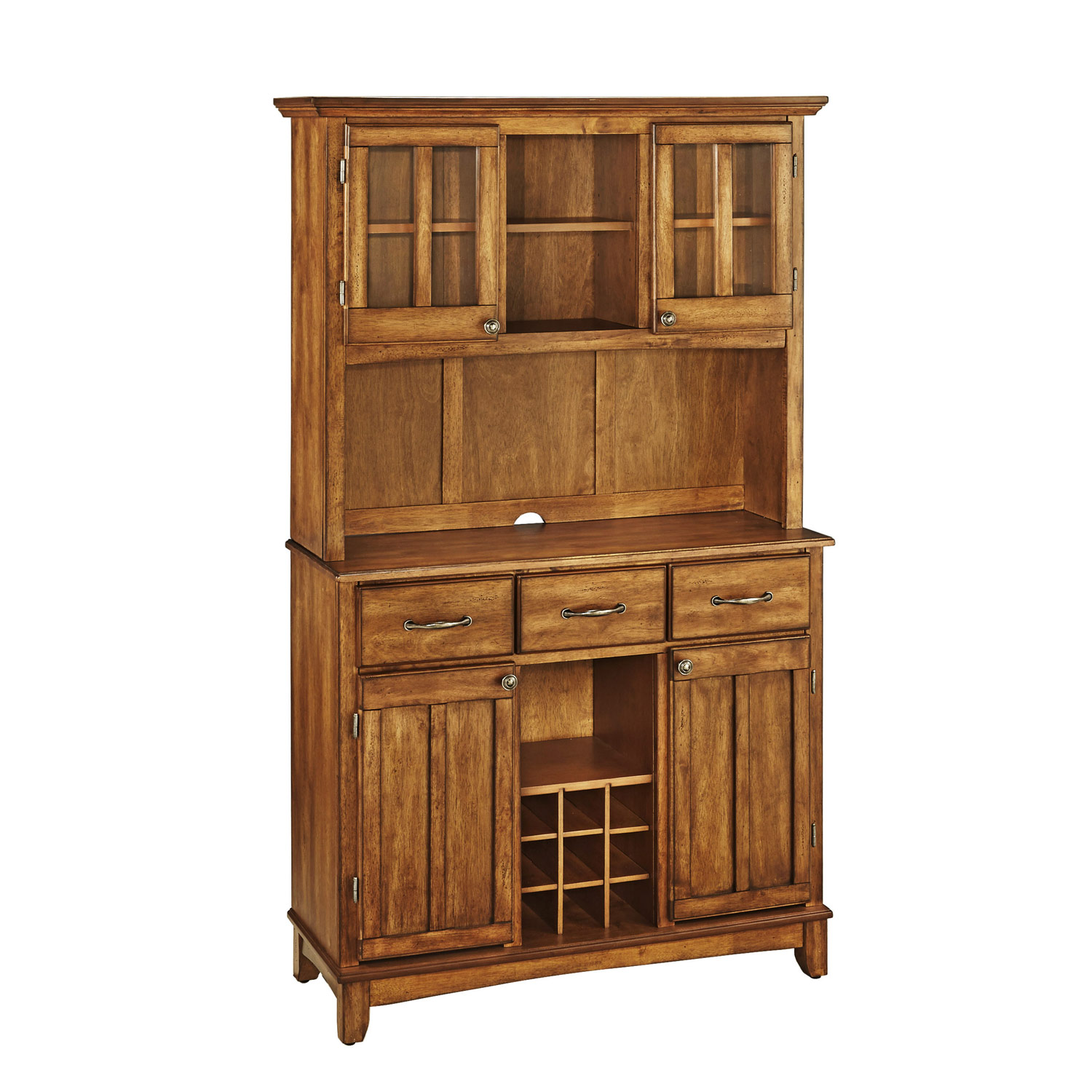 Home Styles Cottage Oak Wood Top Buffet with Glass Door Hutch-Large