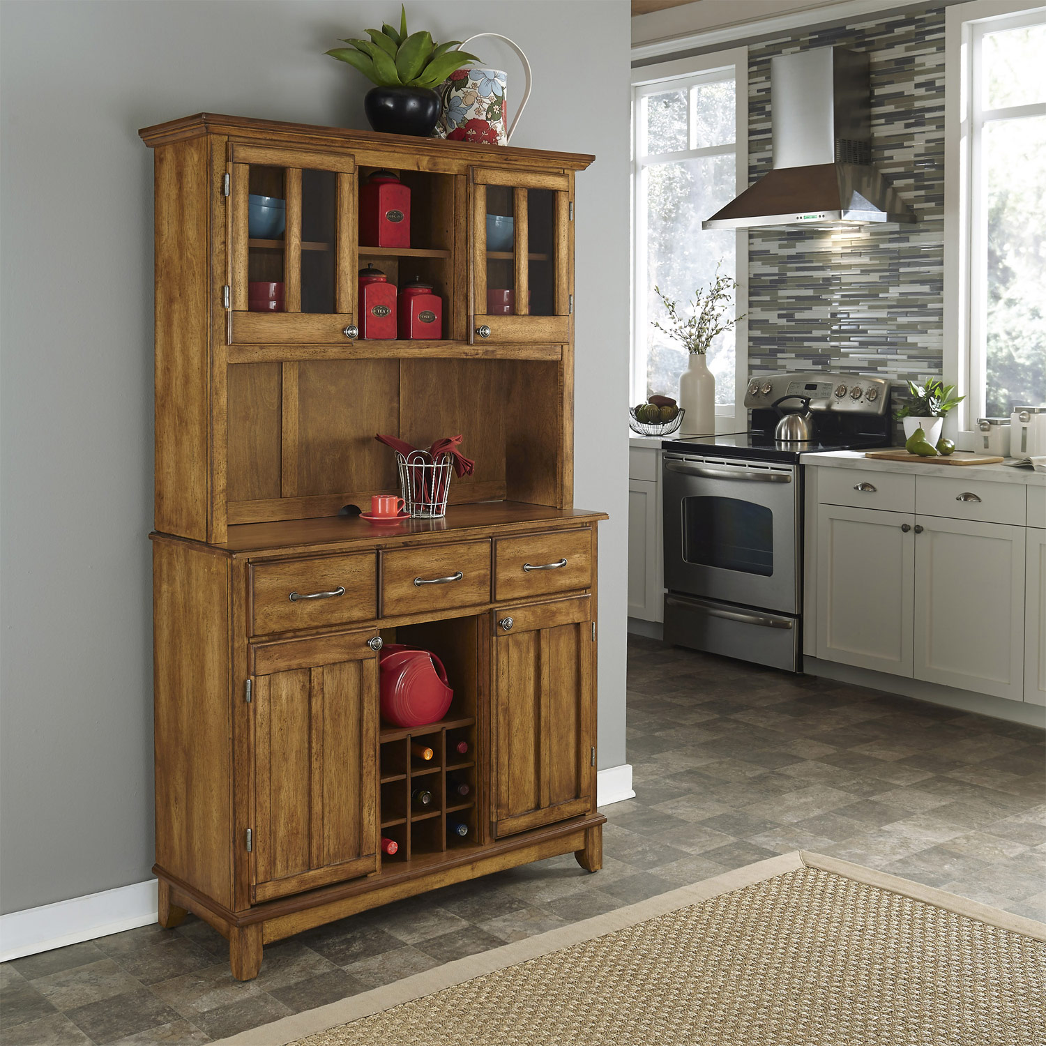 Home Styles Cottage Oak Wood Top Buffet with Glass Door Hutch-Large