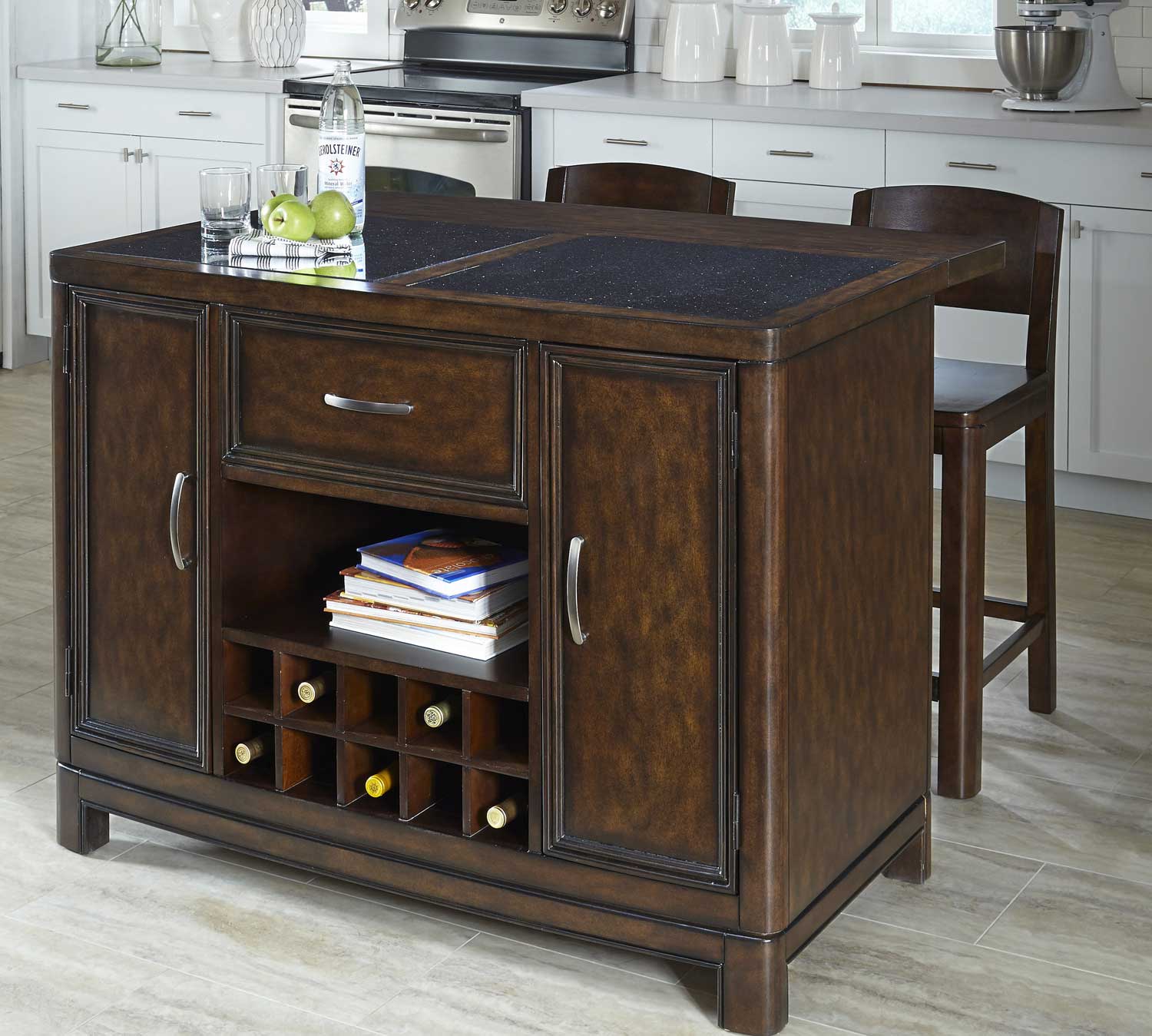 Home Styles Crescent Hill Kitchen Island with Granite Top and Two Stools - Two-tone tortoise shell