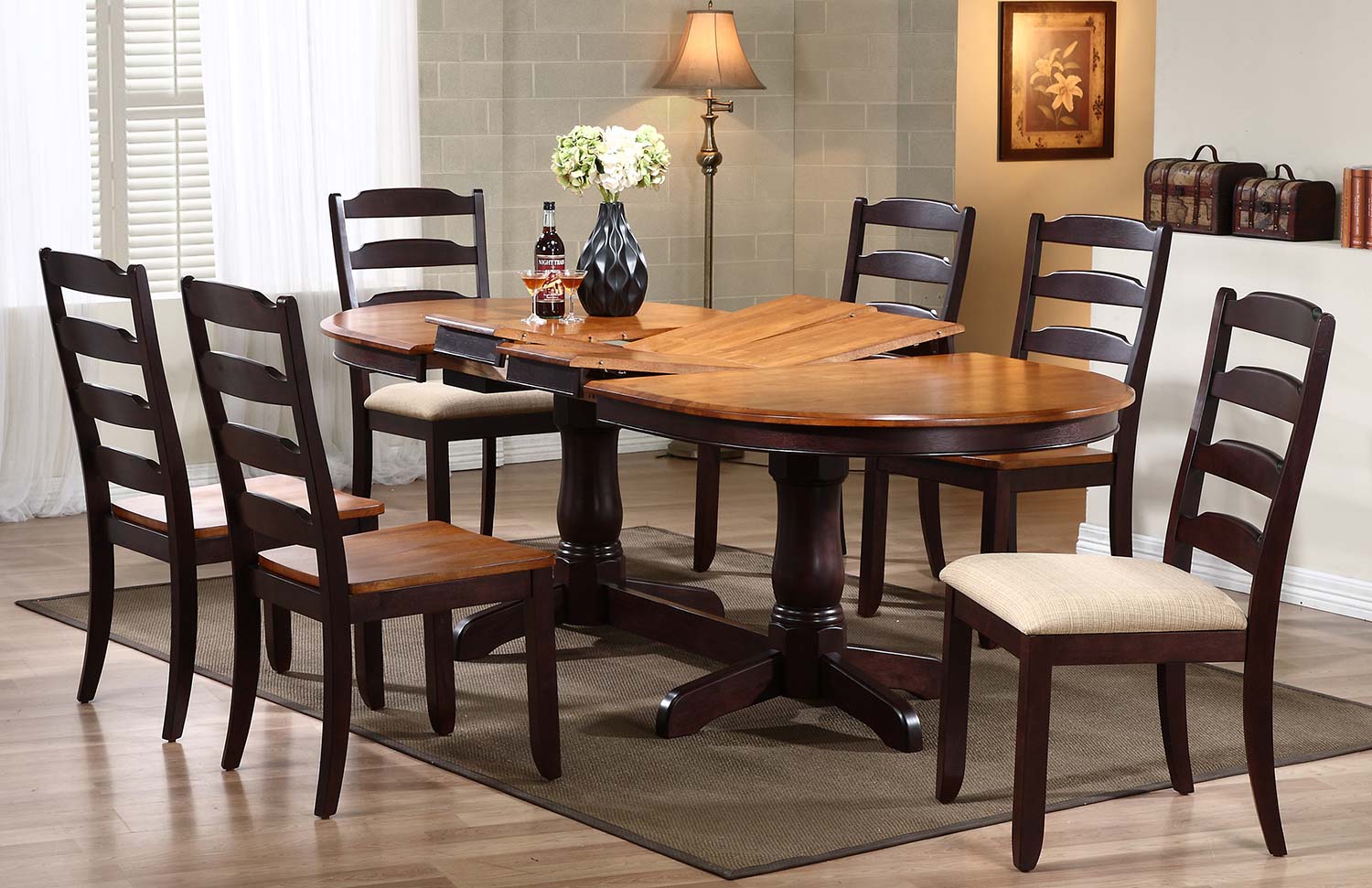 Iconic Furniture Oval Double Pedestal Dining Set with Ladder Back Dining Chair - Whiskey/Mocha