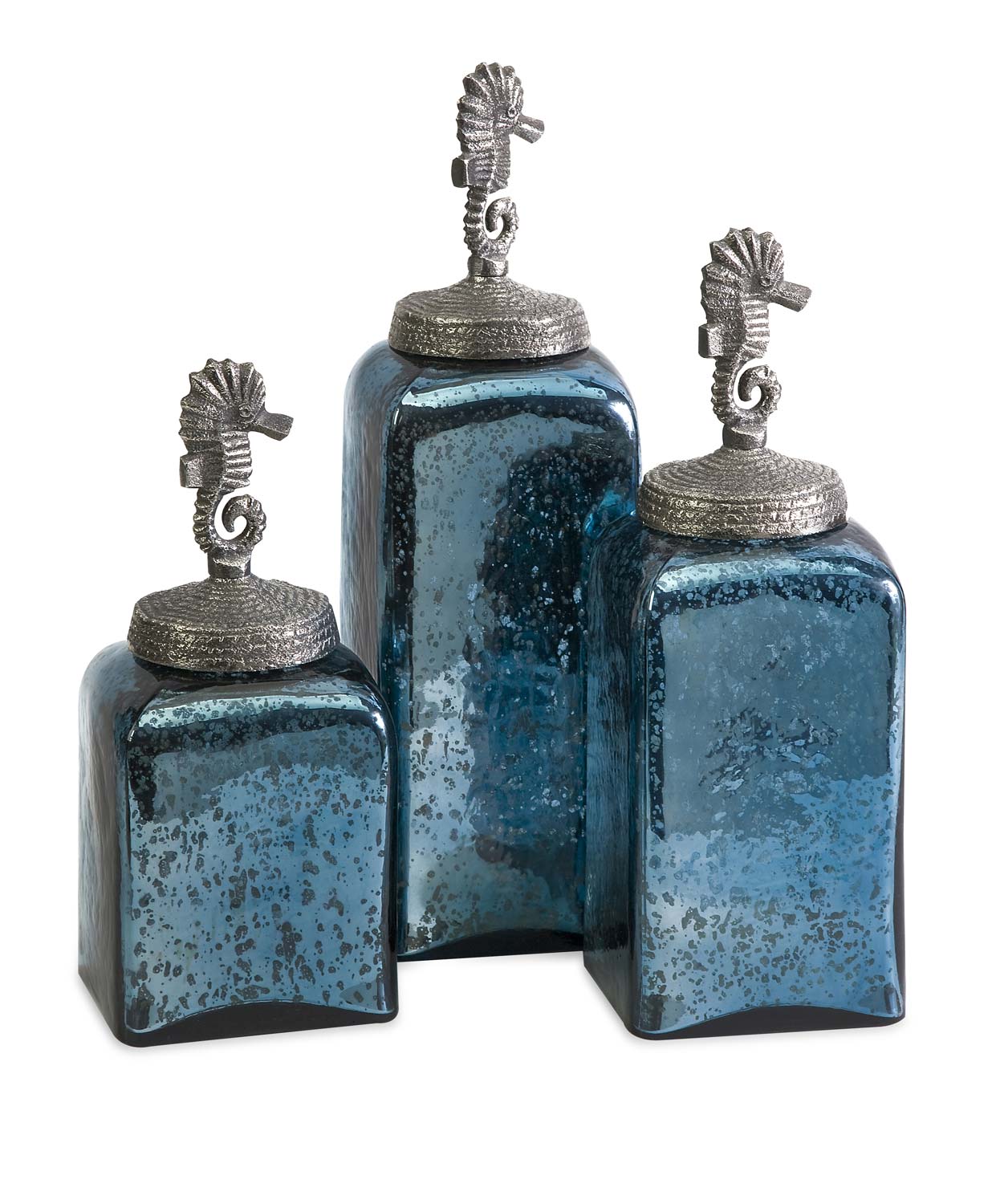 IMAX Hammered Glass Seahorse Canisters - Set of 3
