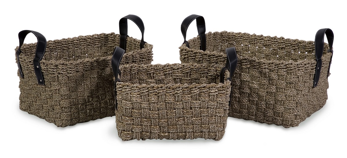 IMAX Natural Seagrass Baskets with Handles - Set of 3